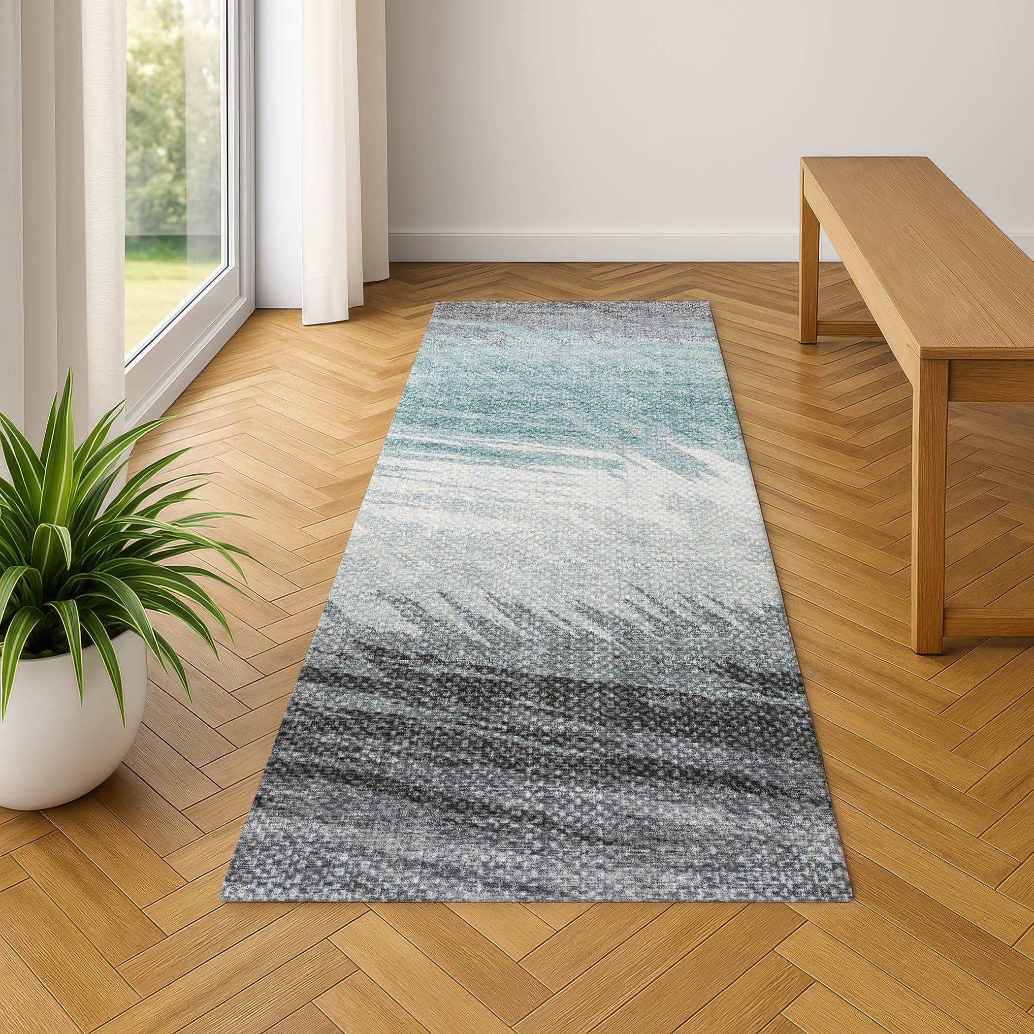 Bangkok Machine Washable Transitional Teal Rug 2'3" x 7'6" #shape_Runner