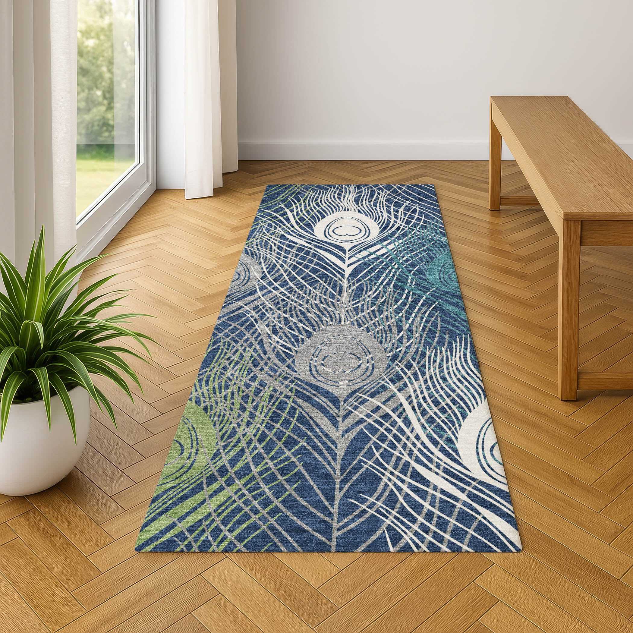 Zanzibar Machine Washable Transitional Navy Blue Rug 2'3" x 7'6" #shape_Runner