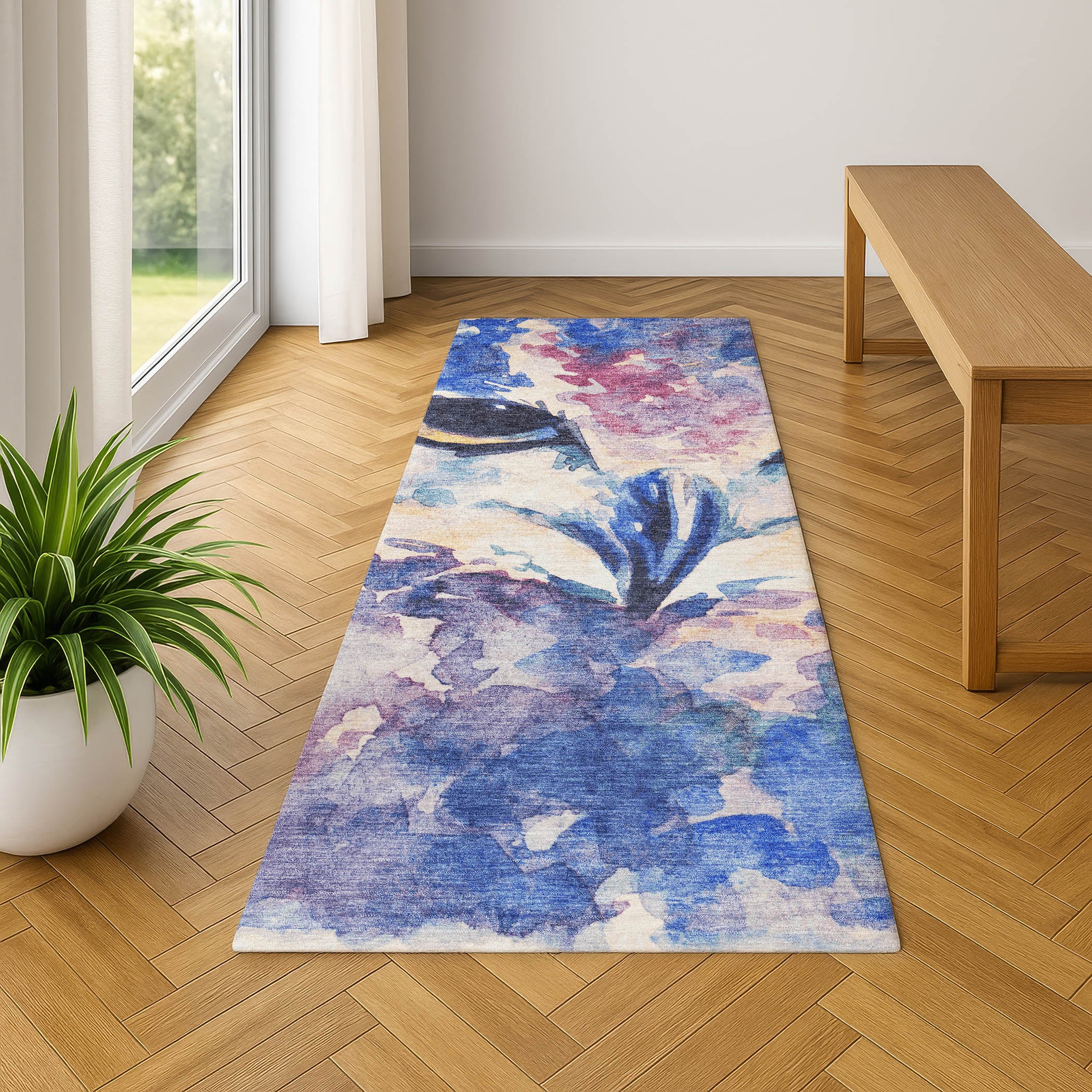 Athens Machine Washable Transitional Blue Rug 2'3" x 7'6" #shape_Runner