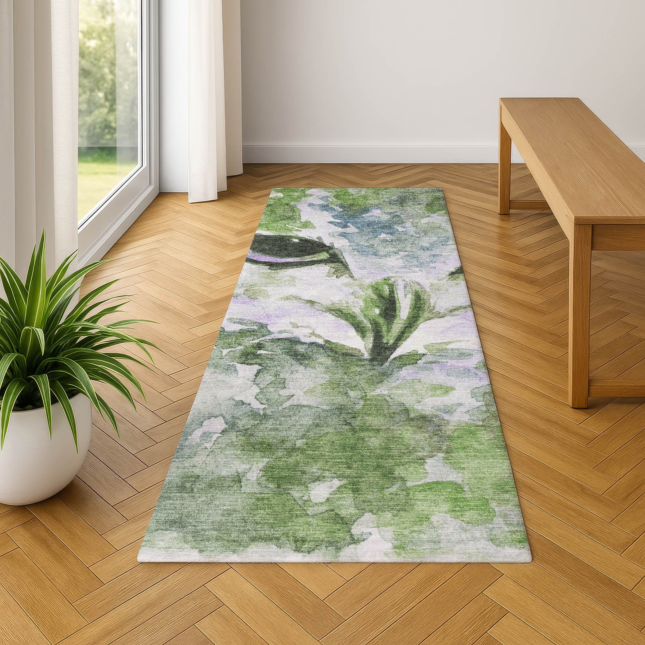 Athens Machine Washable Transitional Green Rug 2'3" x 7'6" #shape_Runner
