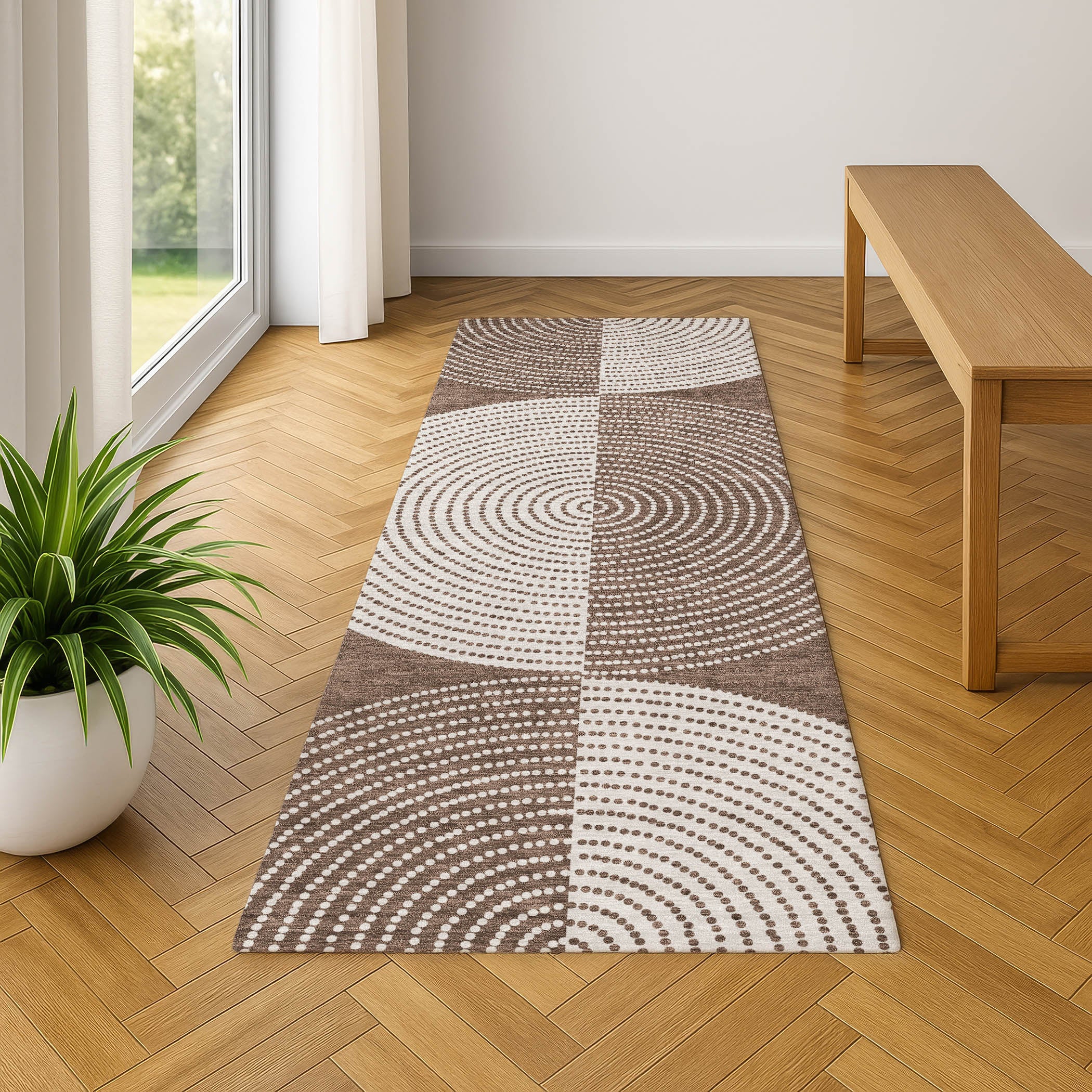 Santorini Machine Washable Transitional Beige Brown Rug 2'3" x 7'6" #shape_Runner