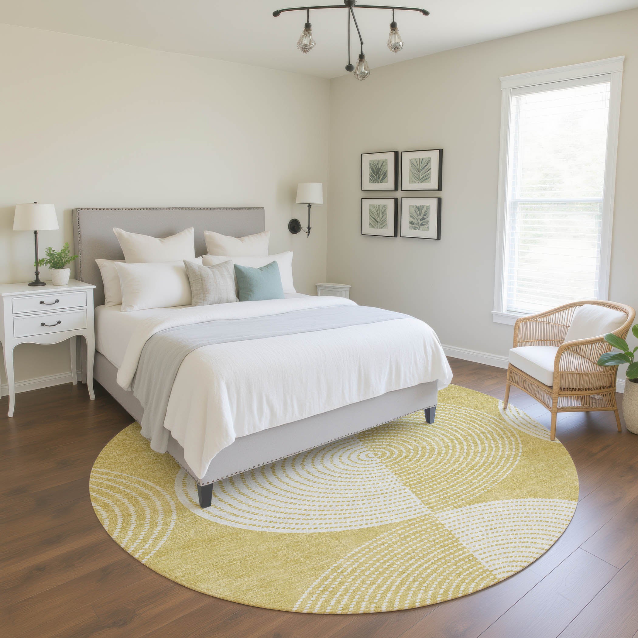 Santorini Machine Washable Transitional Gold Rug 8' x 8' #shape_Round