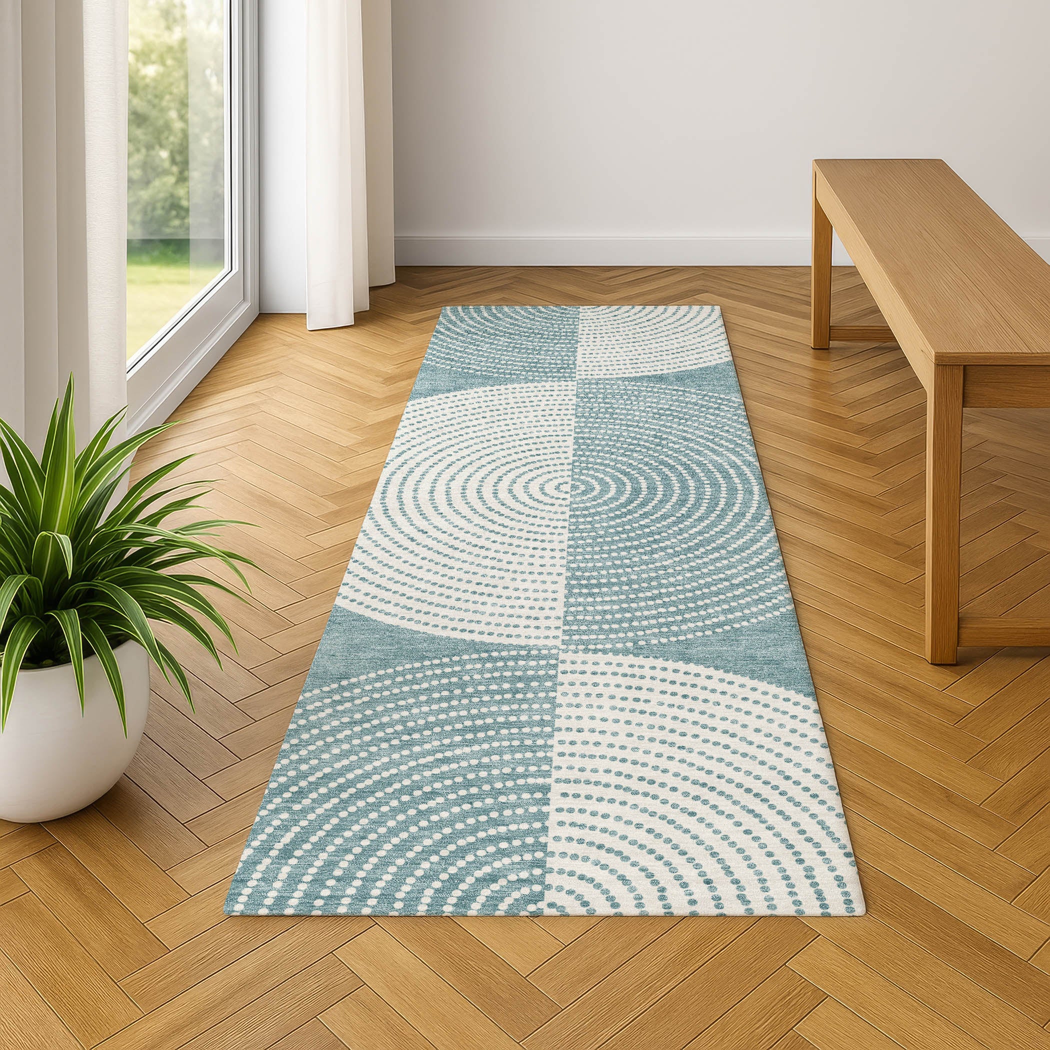 Santorini Machine Washable Transitional Teal Rug 2'3" x 7'6" #shape_Runner
