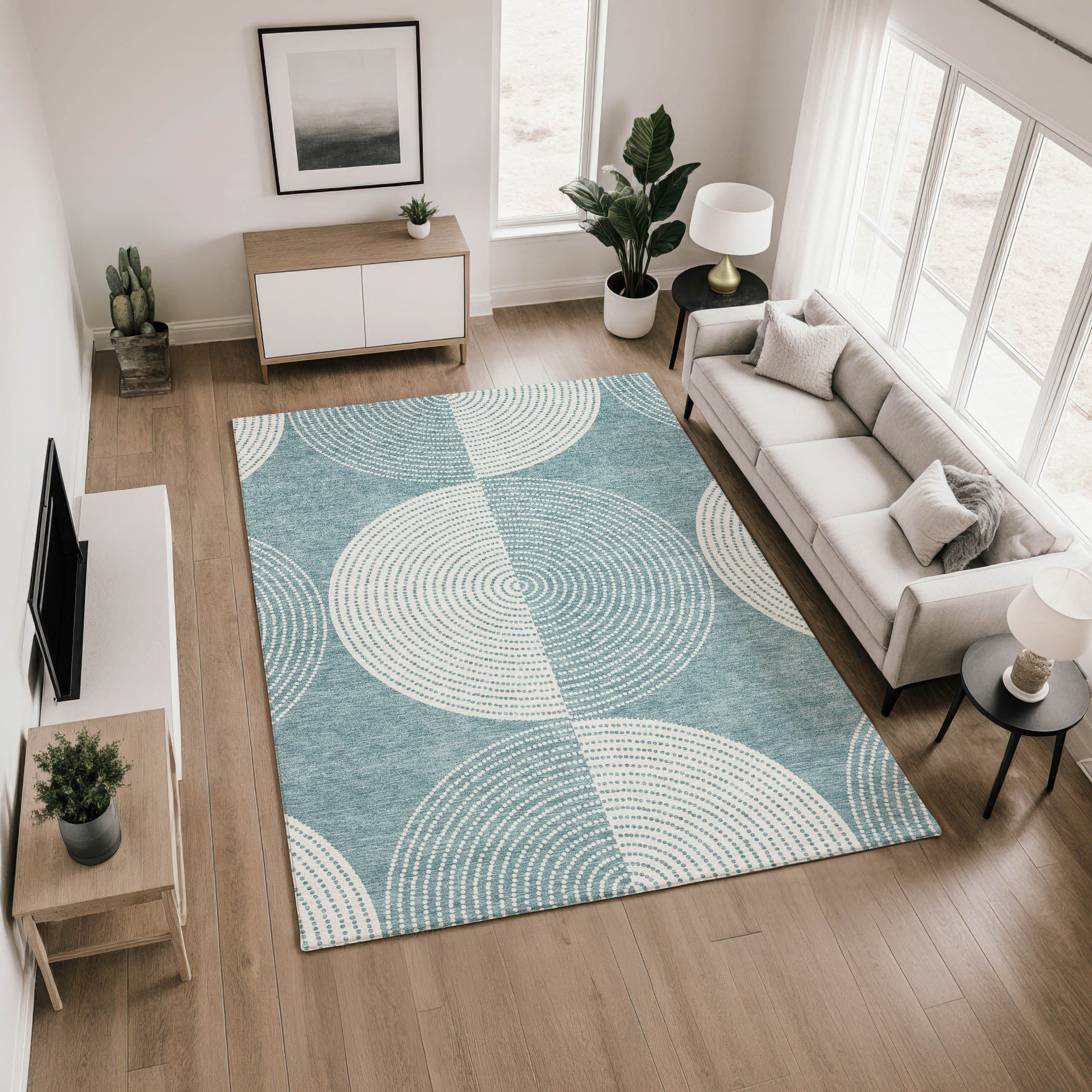 Santorini Machine Washable Transitional Teal Rug 2'6" x 3'10" #shape_Rectangle