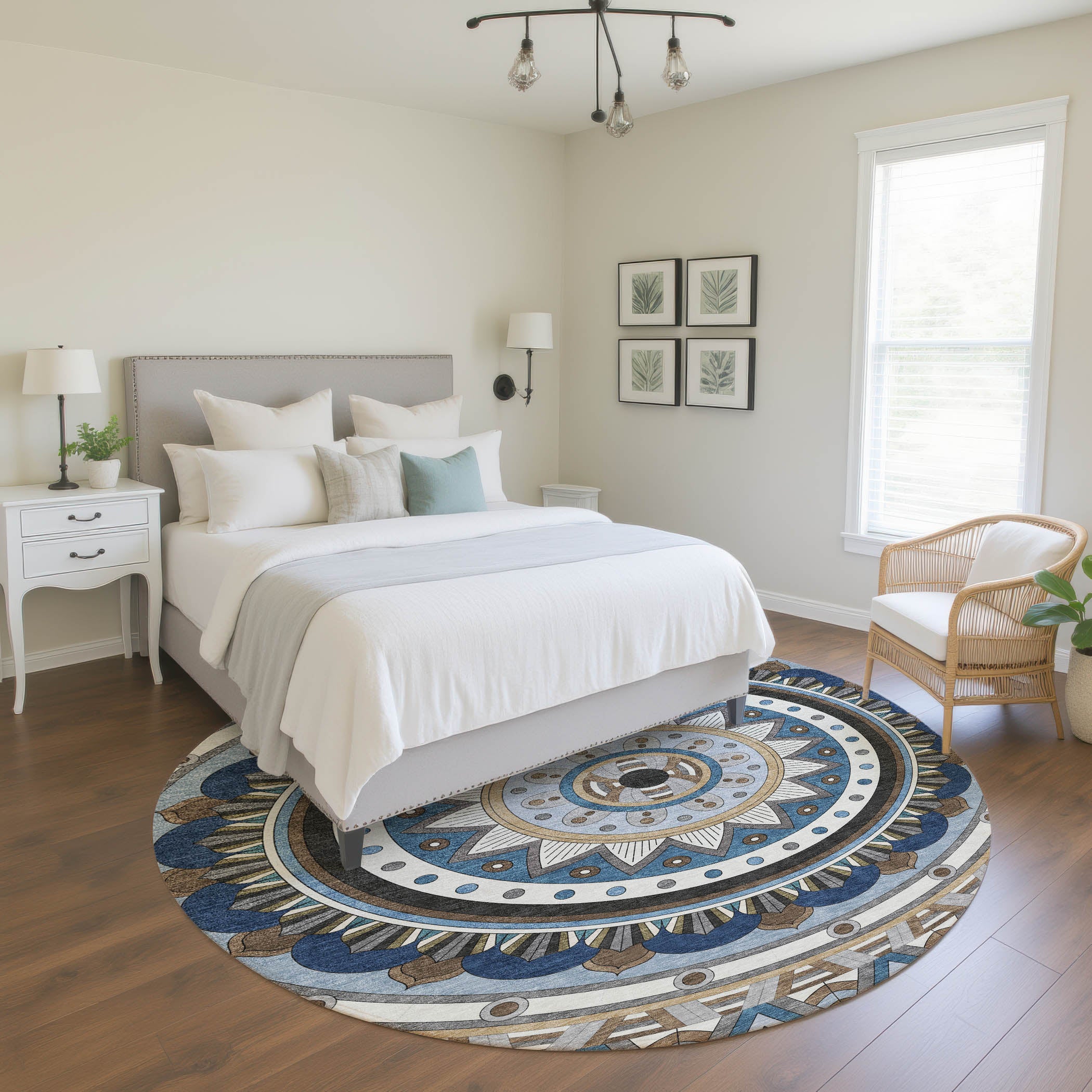 Split Machine Washable Transitional Denim Blue Rug 8' x 8' #shape_Round