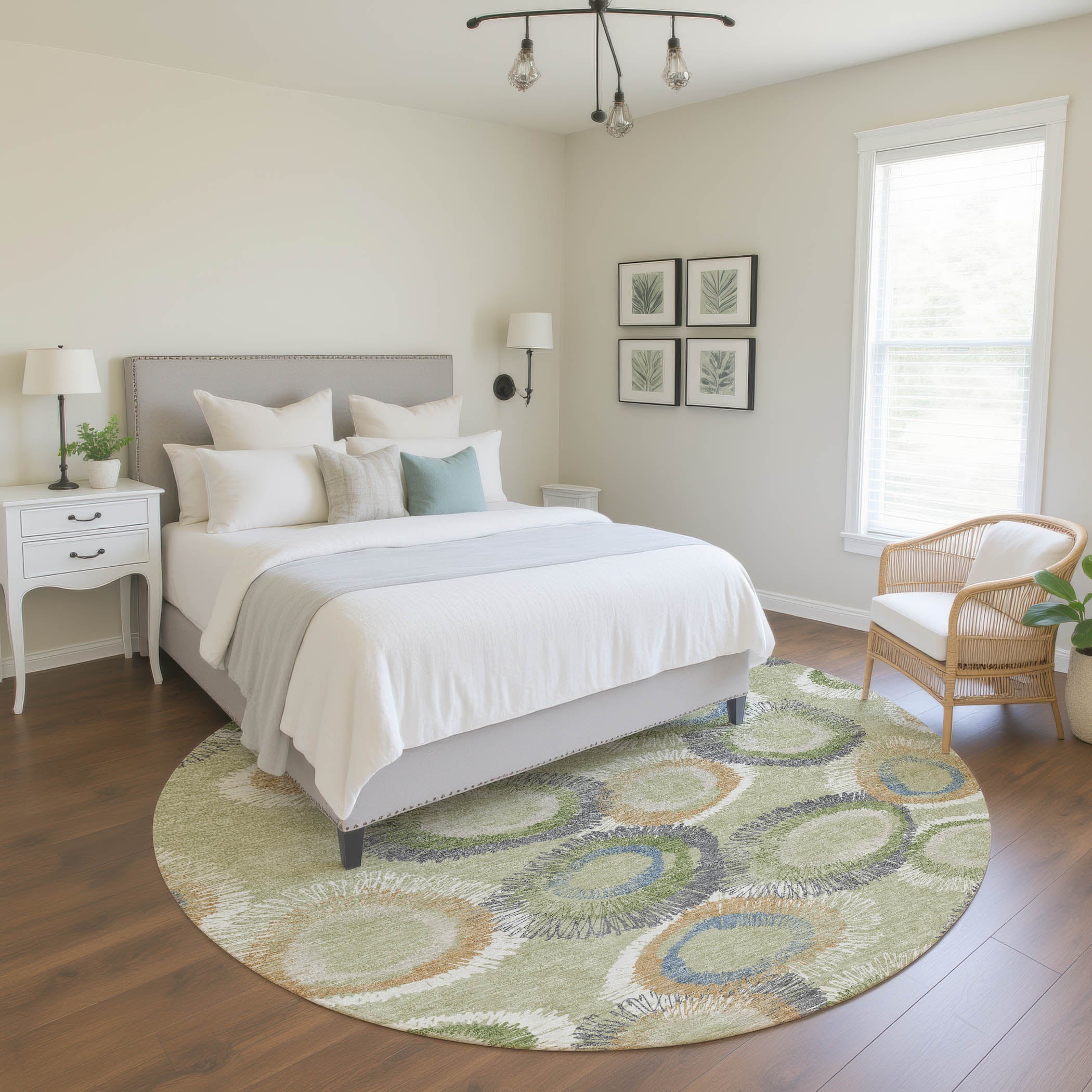 Kyoto Machine Washable Transitional Aloe Green Rug 8' x 8' #shape_Round