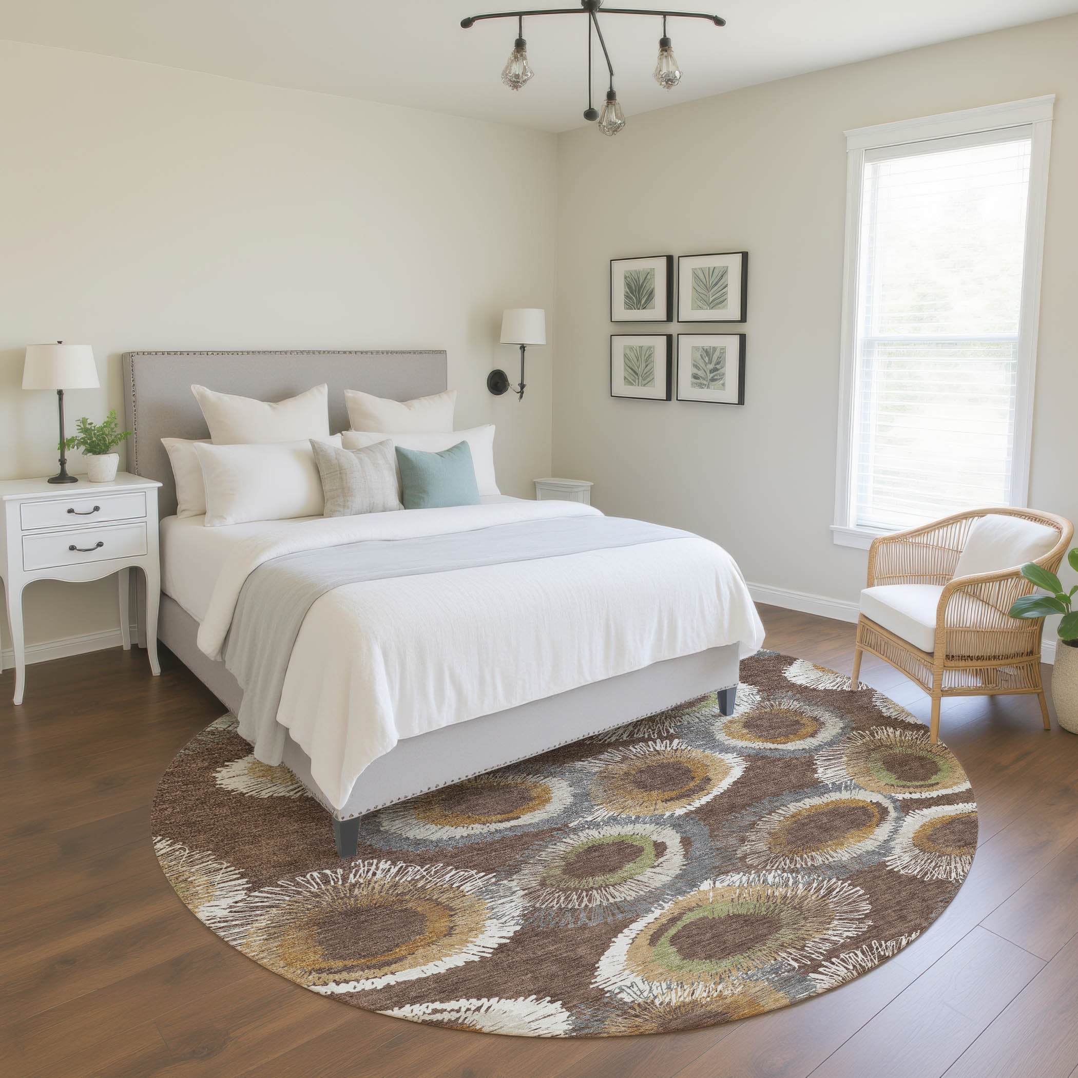Kyoto Machine Washable Transitional Brown Rug 8' x 8' #shape_Round