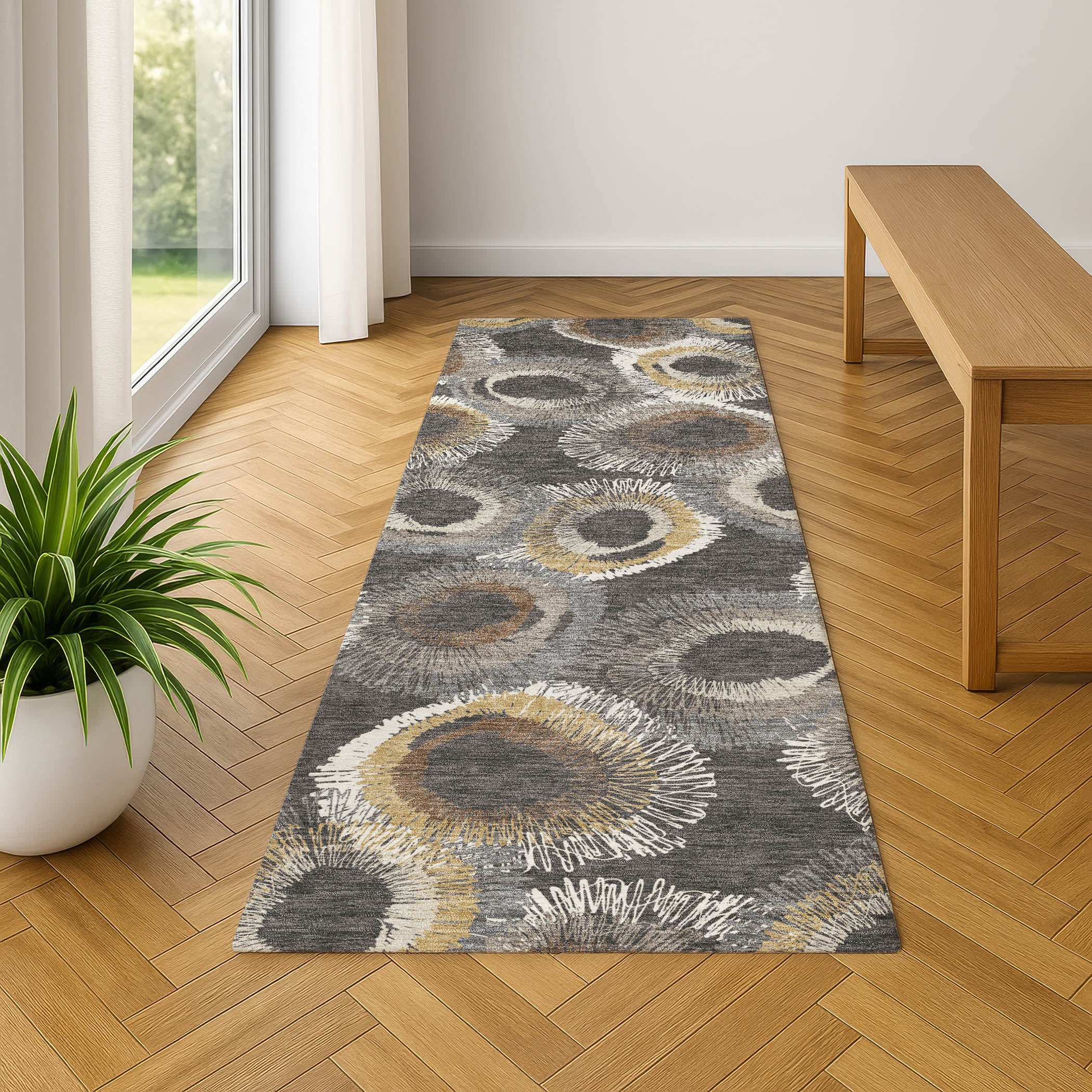 Kyoto Machine Washable Transitional Charcoal Gray Rug 2'3" x 7'6" #shape_Runner