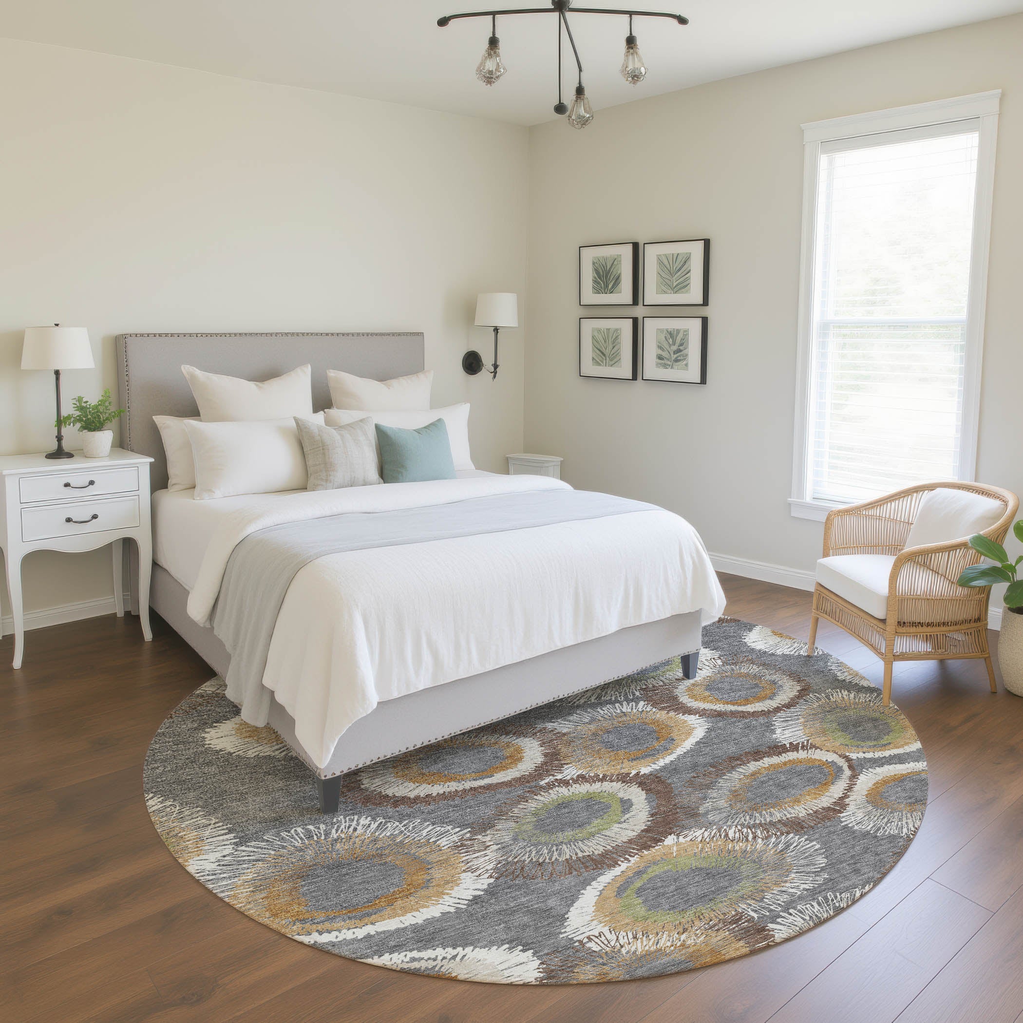 Kyoto Machine Washable Transitional Gray Rug 8' x 8' #shape_Round