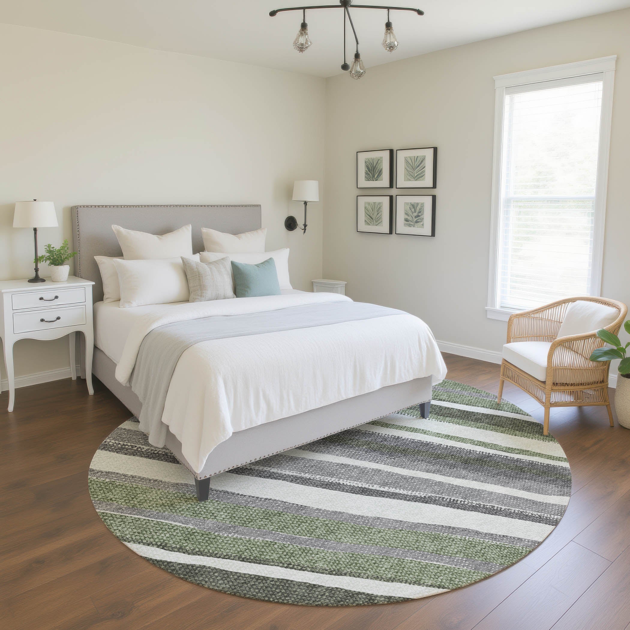 Luang Prabang Machine Washable Transitional Fern Green Rug 8' x 8' #shape_Round