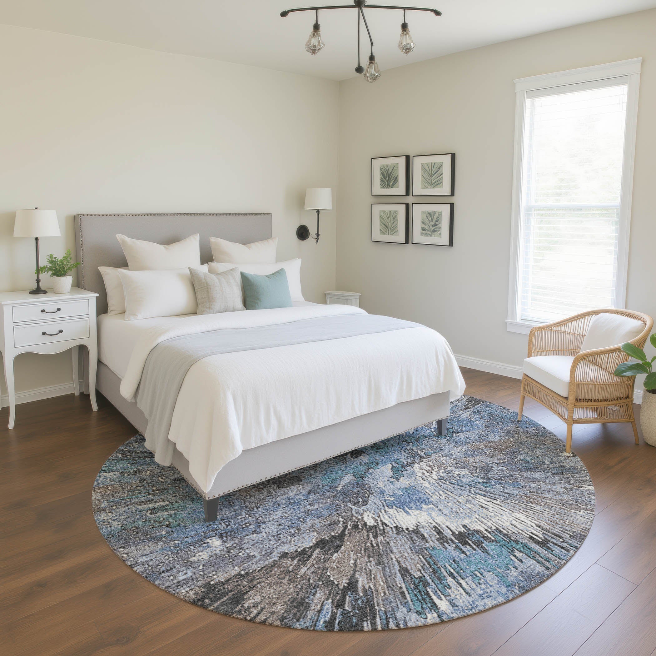 Kyoto Machine Washable Transitional Denim Blue Rug 8' x 8' #shape_Round