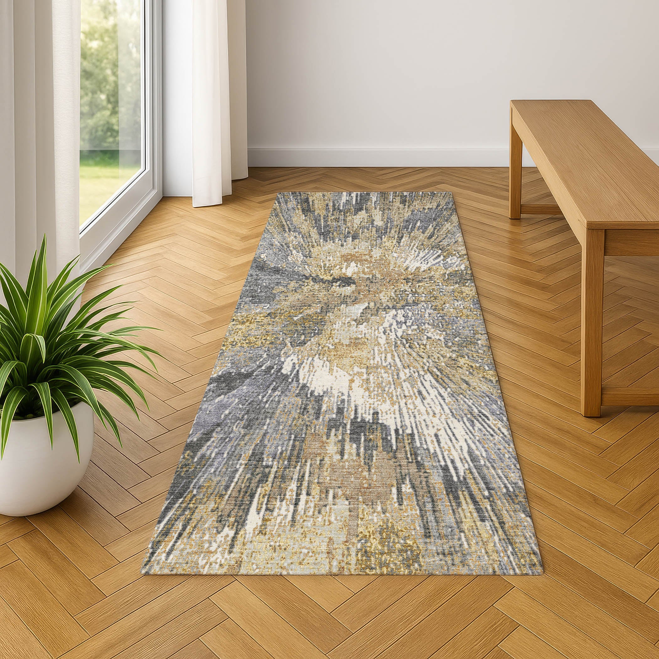 Kyoto Machine Washable Transitional Gold Rug 2'3" x 7'6" #shape_Runner