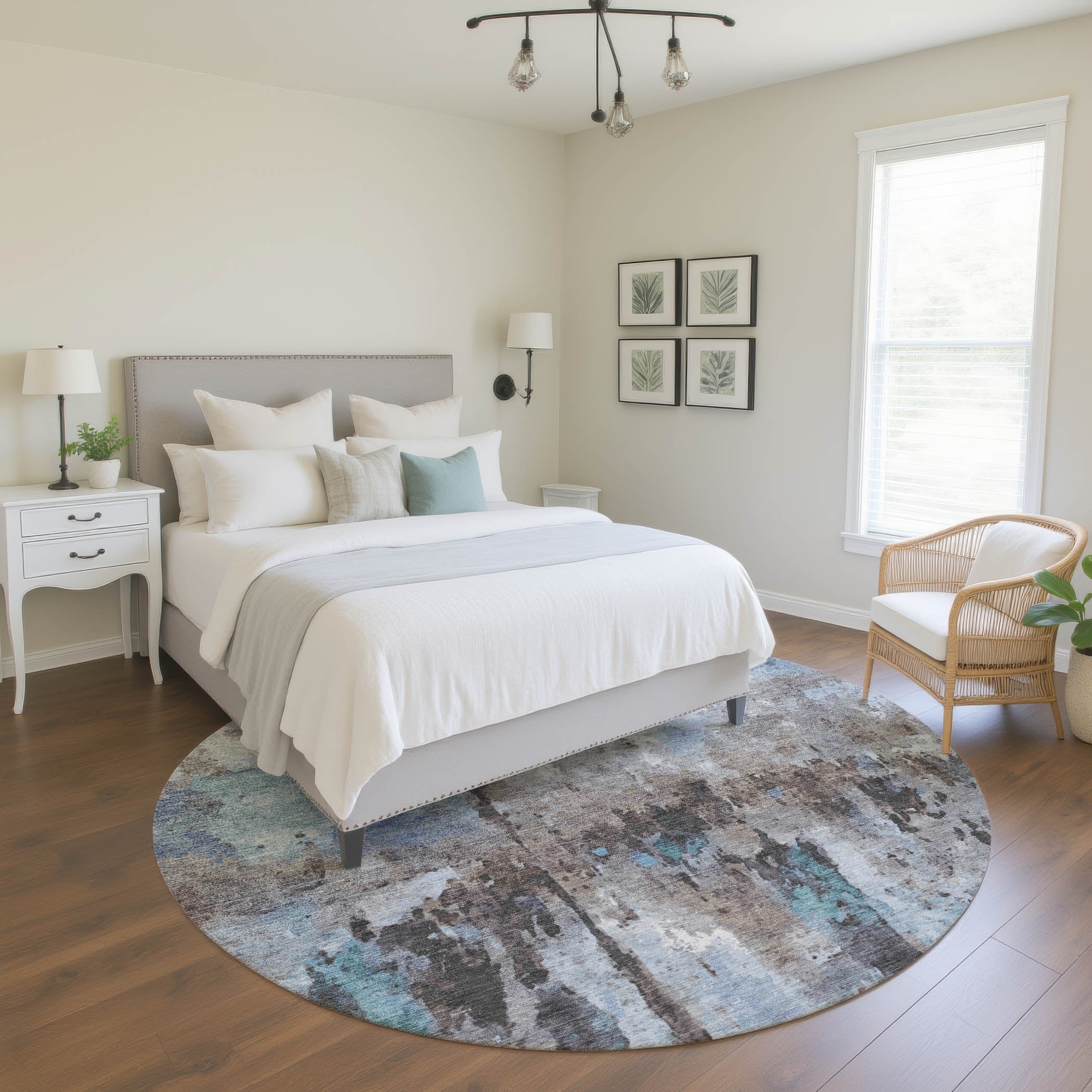 Cairo Machine Washable Transitional Blue Rug 8' x 8' #shape_Round