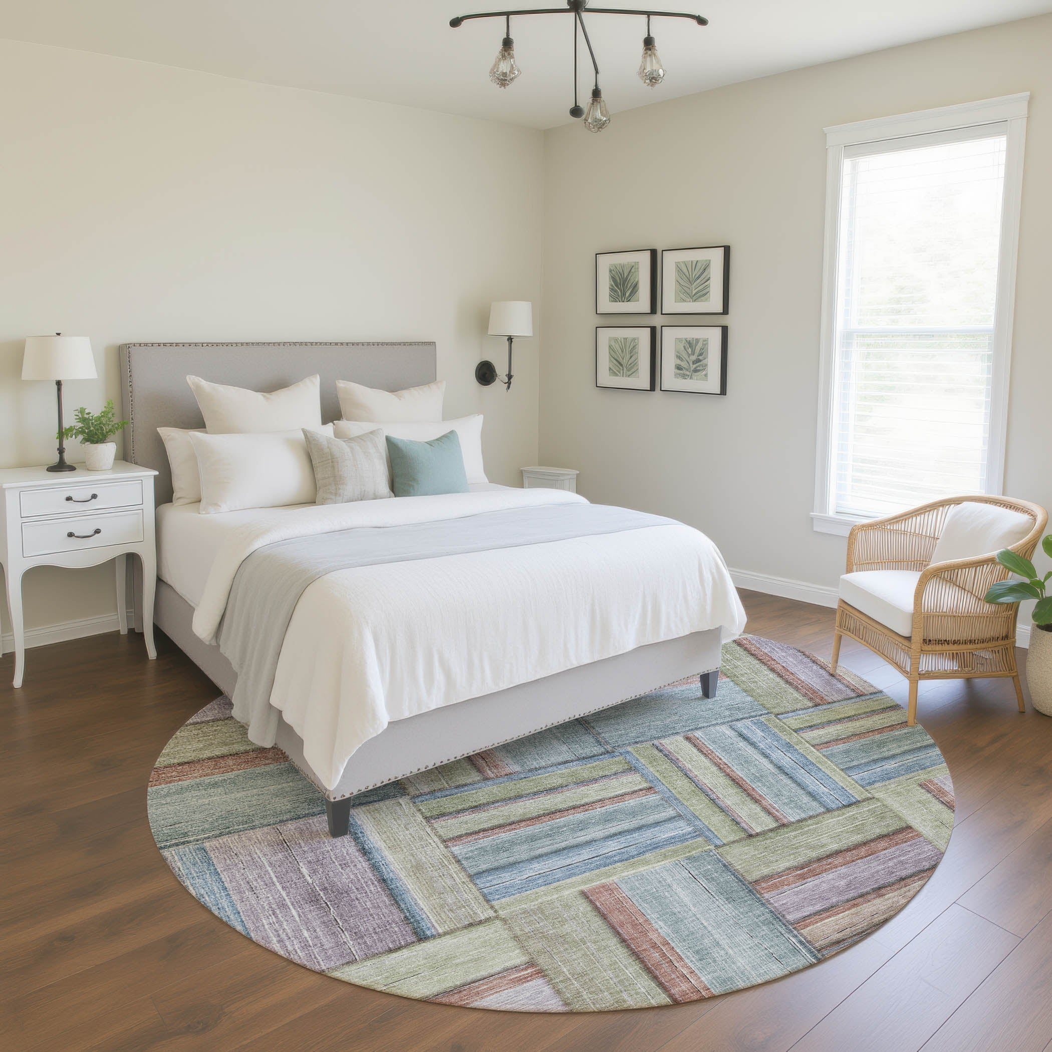 Porto Machine Washable Transitional Aloe Green Rug 8' x 8' #shape_Round
