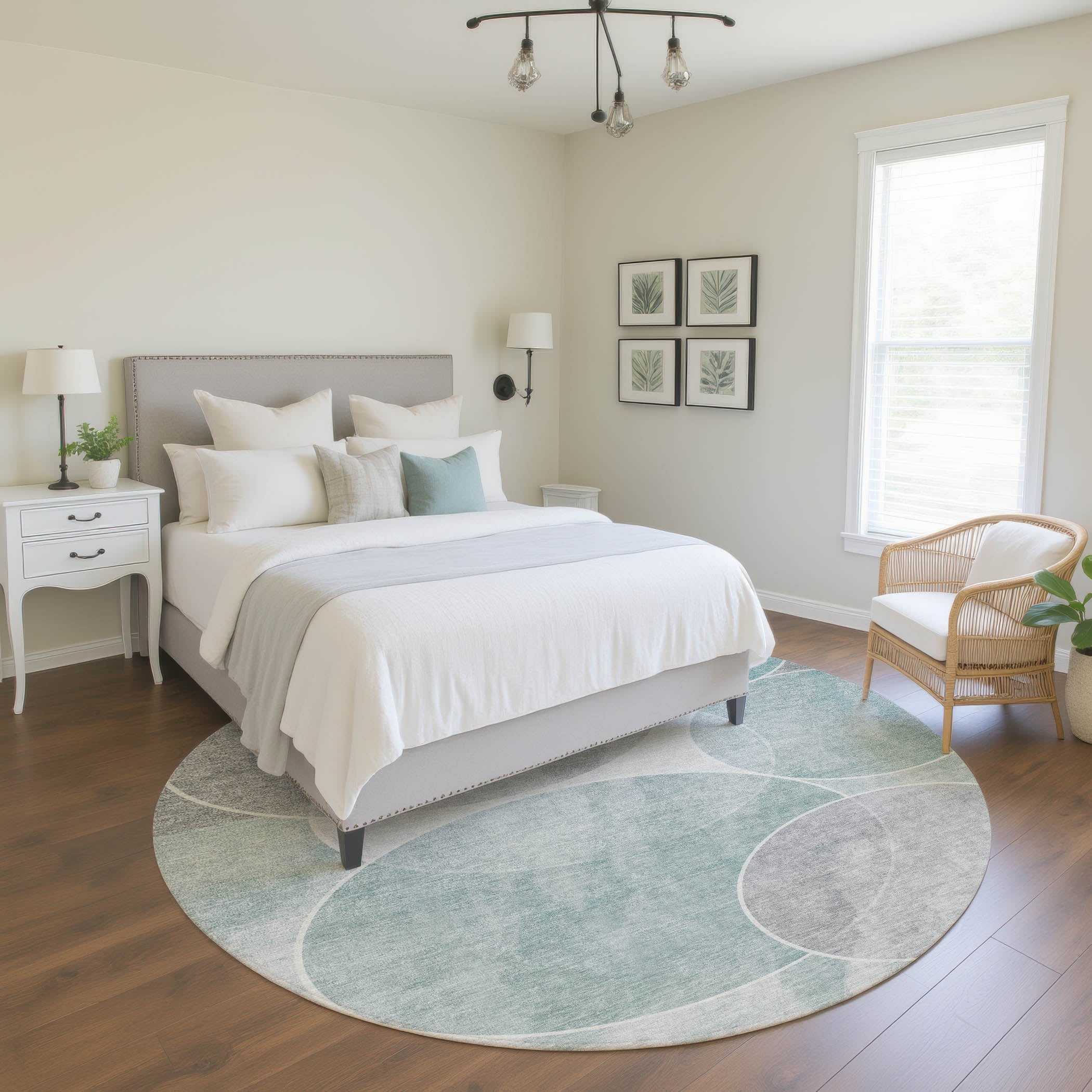 Athens Machine Washable Transitional Teal Rug 8' x 8' #shape_Round