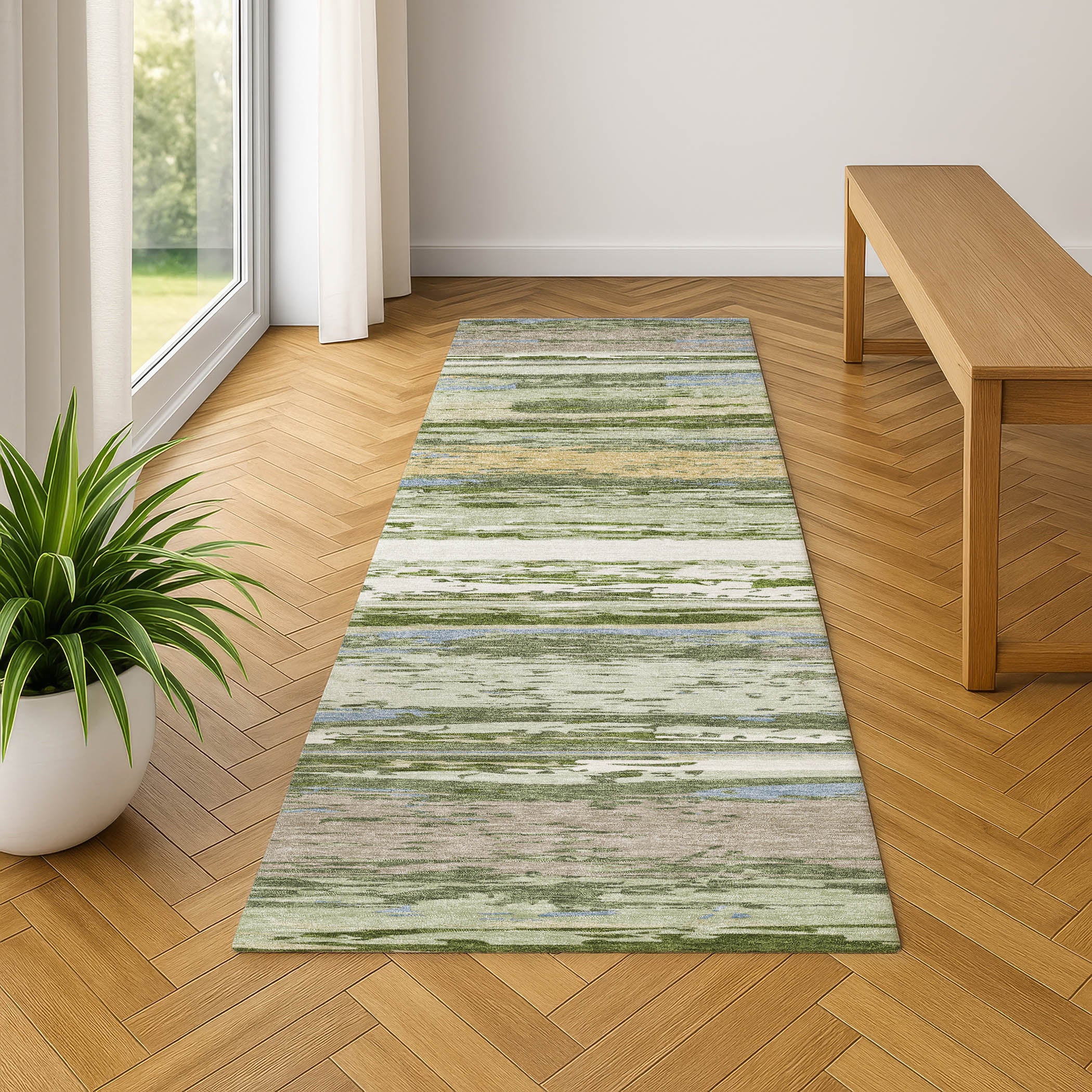 Mostar Machine Washable Transitional Aloe Green Rug 2'3" x 7'6" #shape_Runner