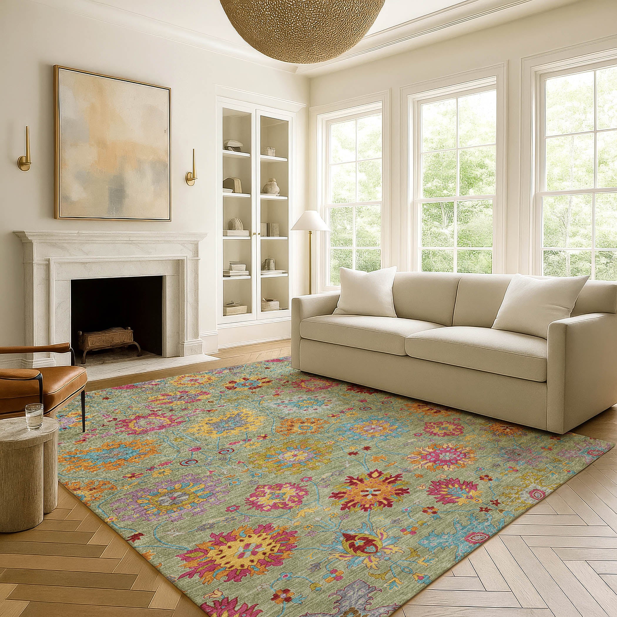 Antigua Machine Washable Transitional Aloe Green Rug 3' x 5' #shape_Rectangle