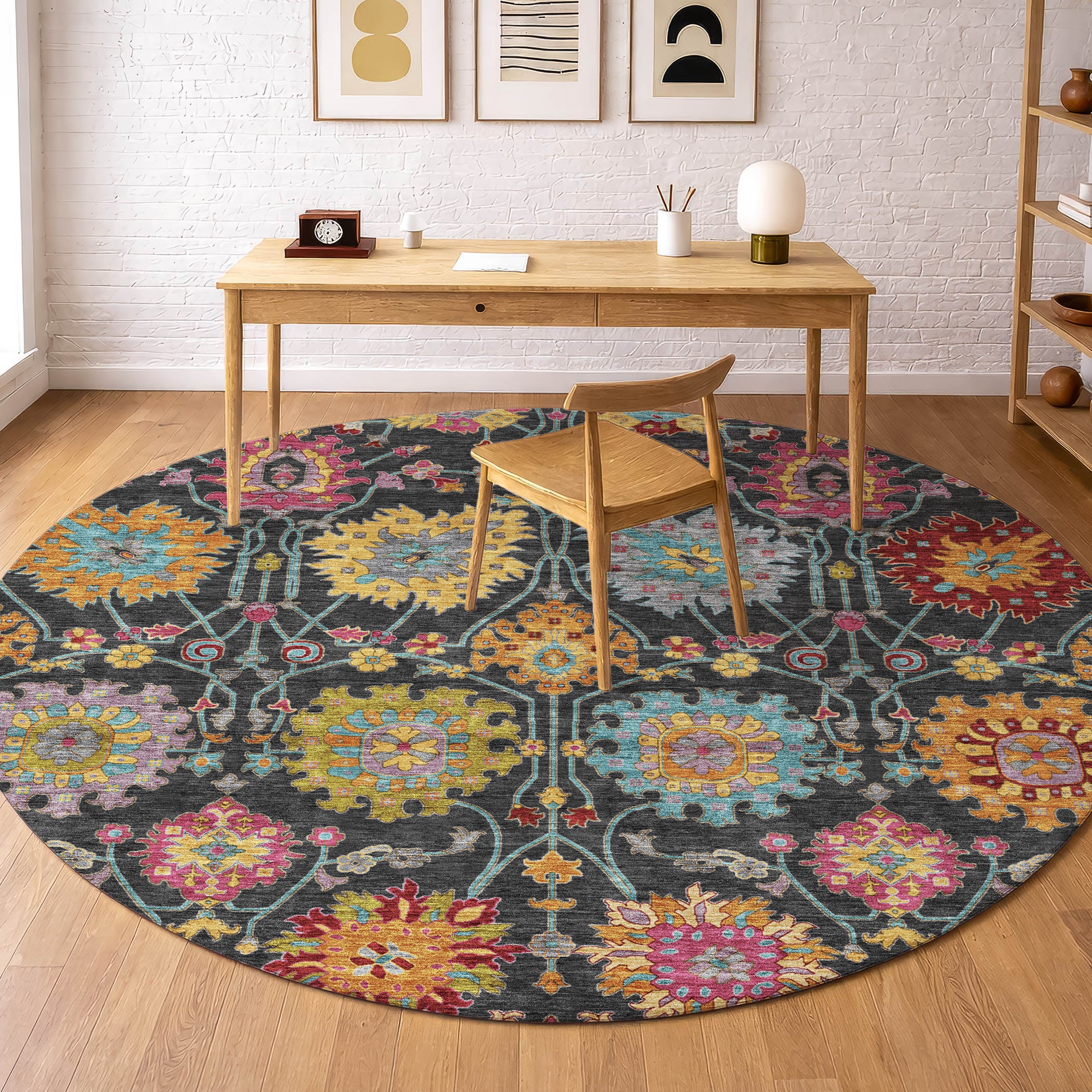 Antigua Machine Washable Transitional Black Rug 8' x 8' #shape_Round