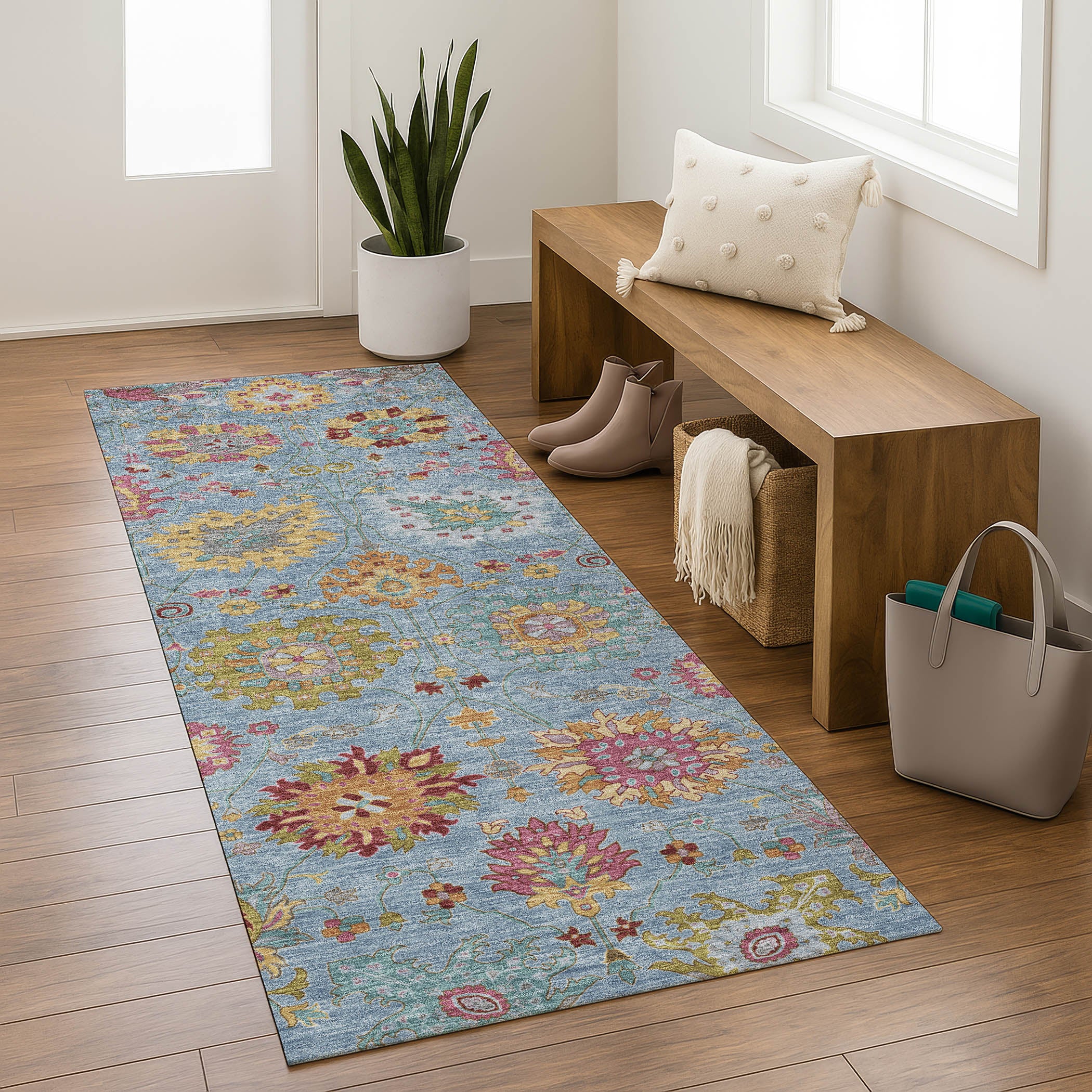 Antigua Machine Washable Transitional Blue Rug 2'3" x 7'6" #shape_Runner