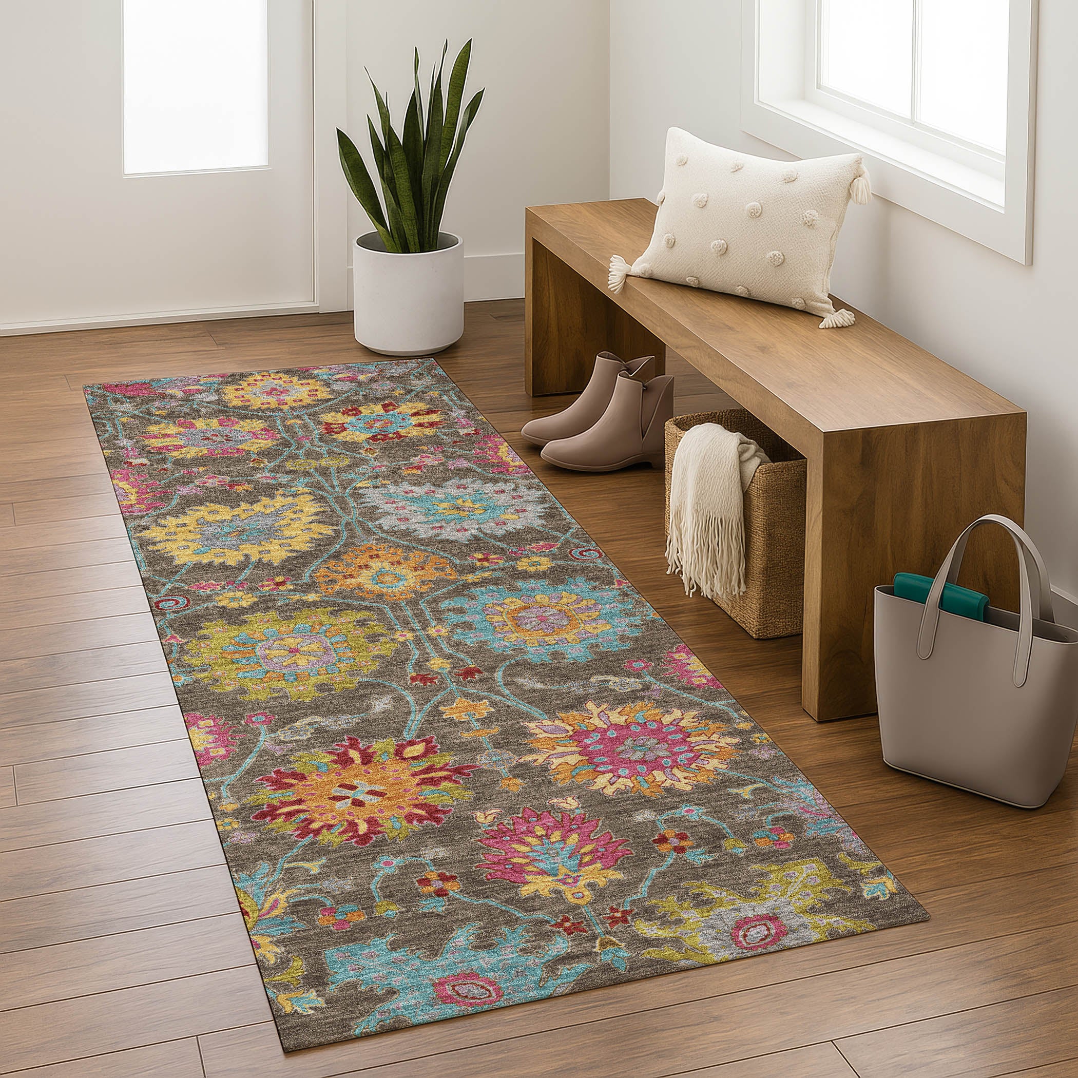 Antigua Machine Washable Transitional Chocolate Brown Rug 2'3" x 7'6" #shape_Runner