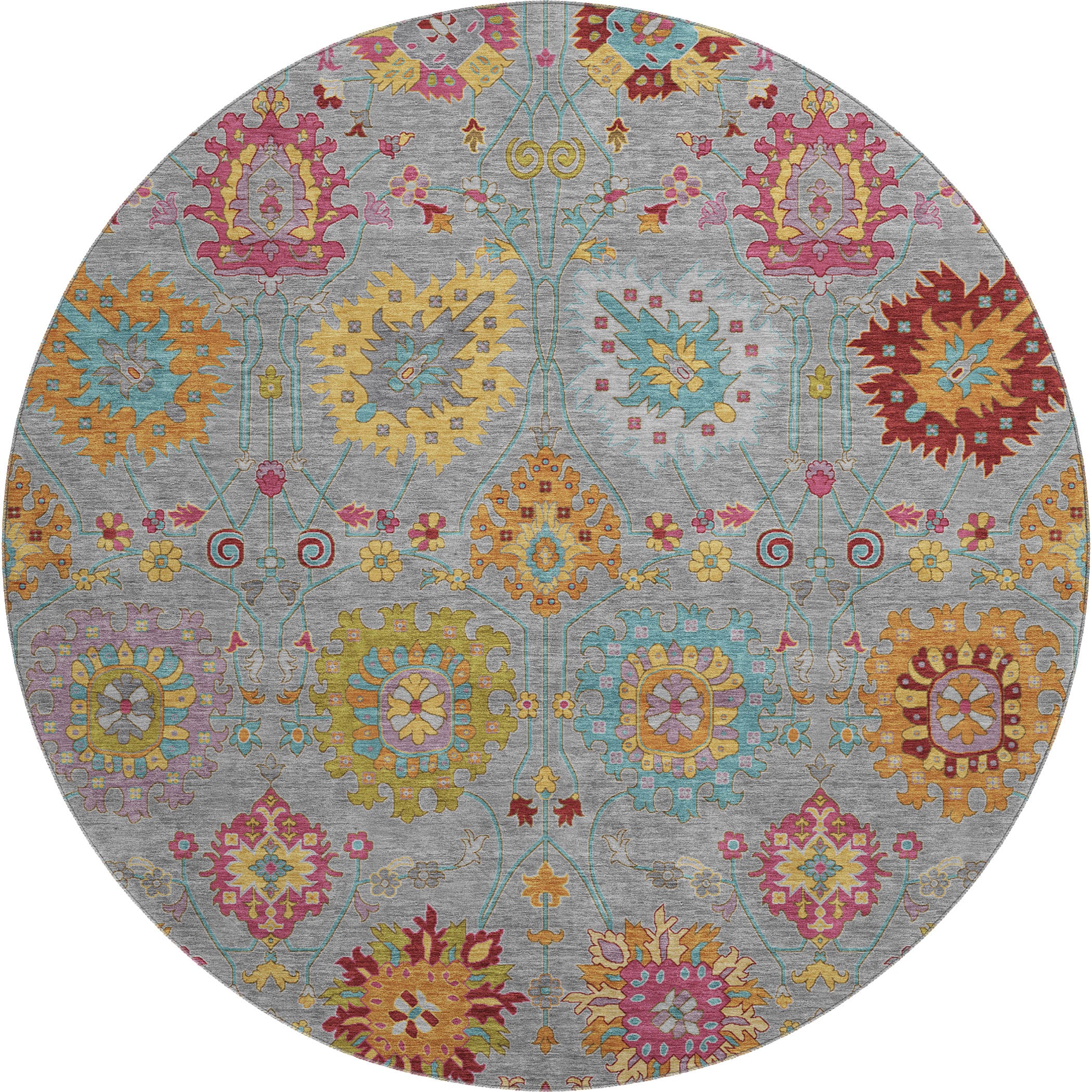 Antigua Machine Washable Transitional Gray Rug 8' x 8' #shape_Round