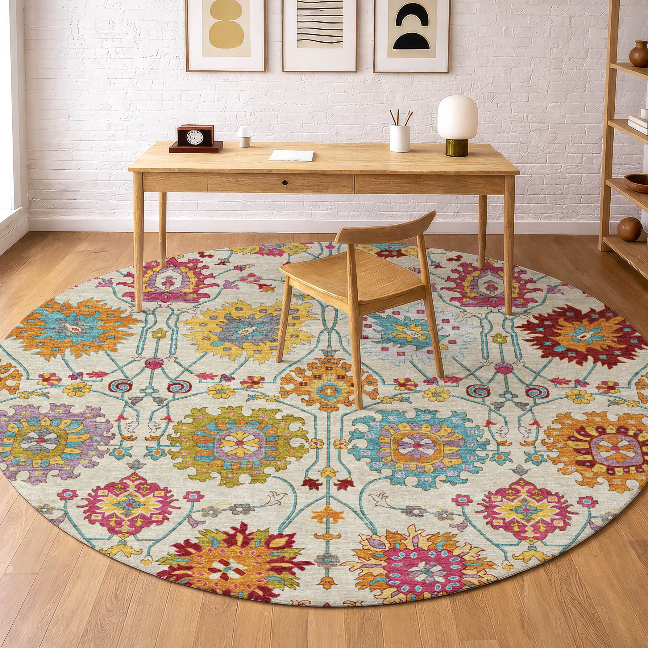Antigua Machine Washable Transitional Linen Ivory Rug 8' x 8' #shape_Round