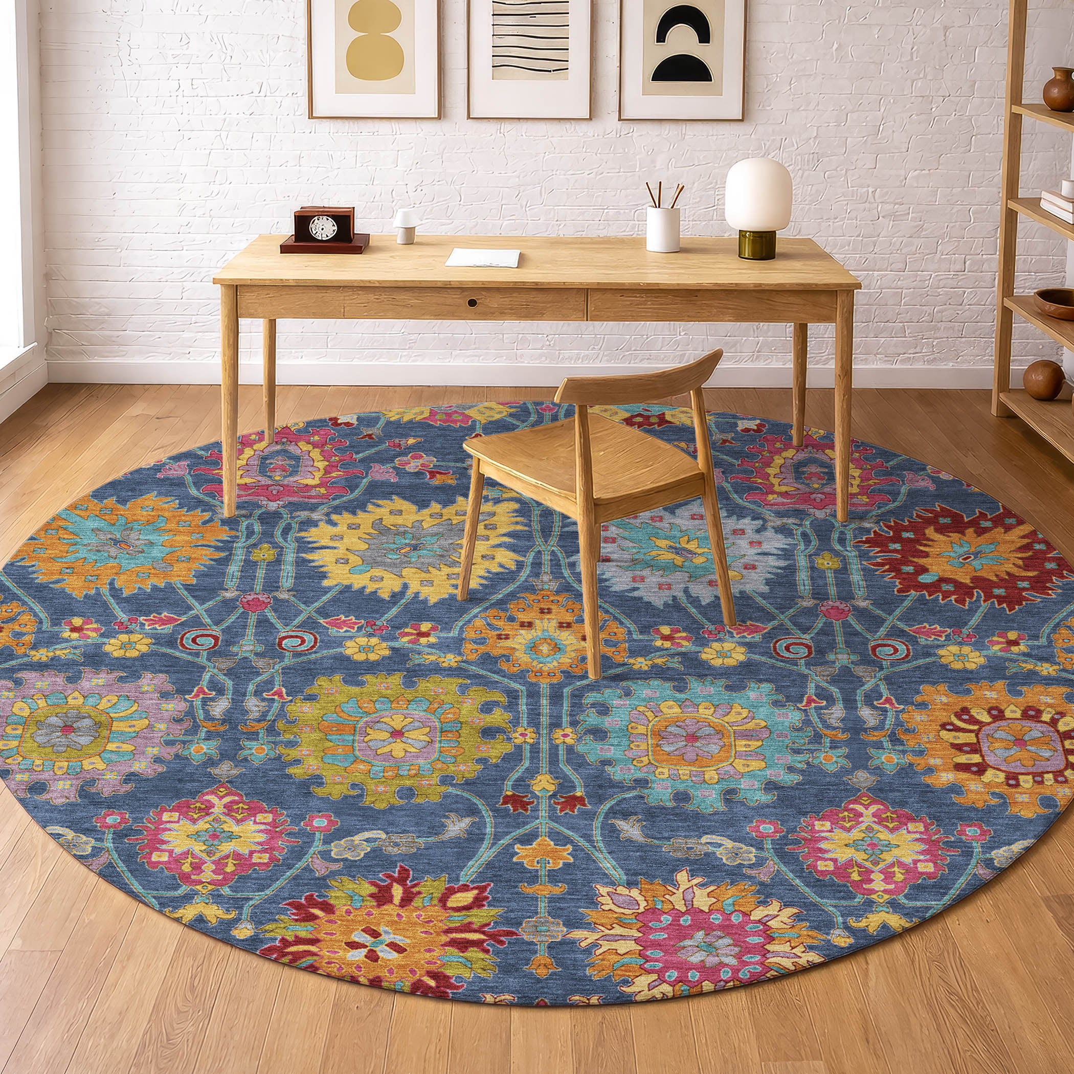 Antigua Machine Washable Transitional Navy Blue Rug 8' x 8' #shape_Round