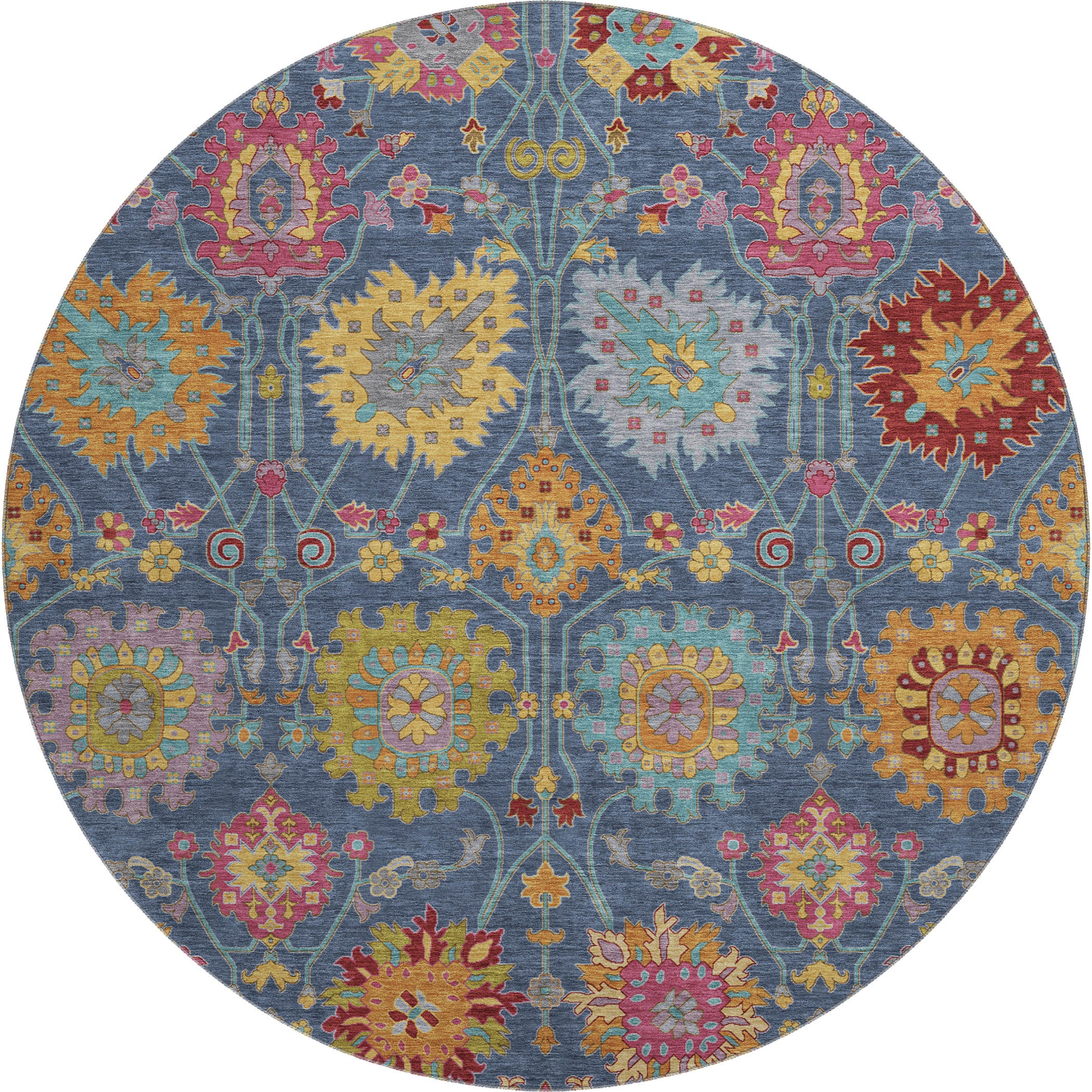 Antigua Machine Washable Transitional Navy Blue Rug 8' x 8' #shape_Round