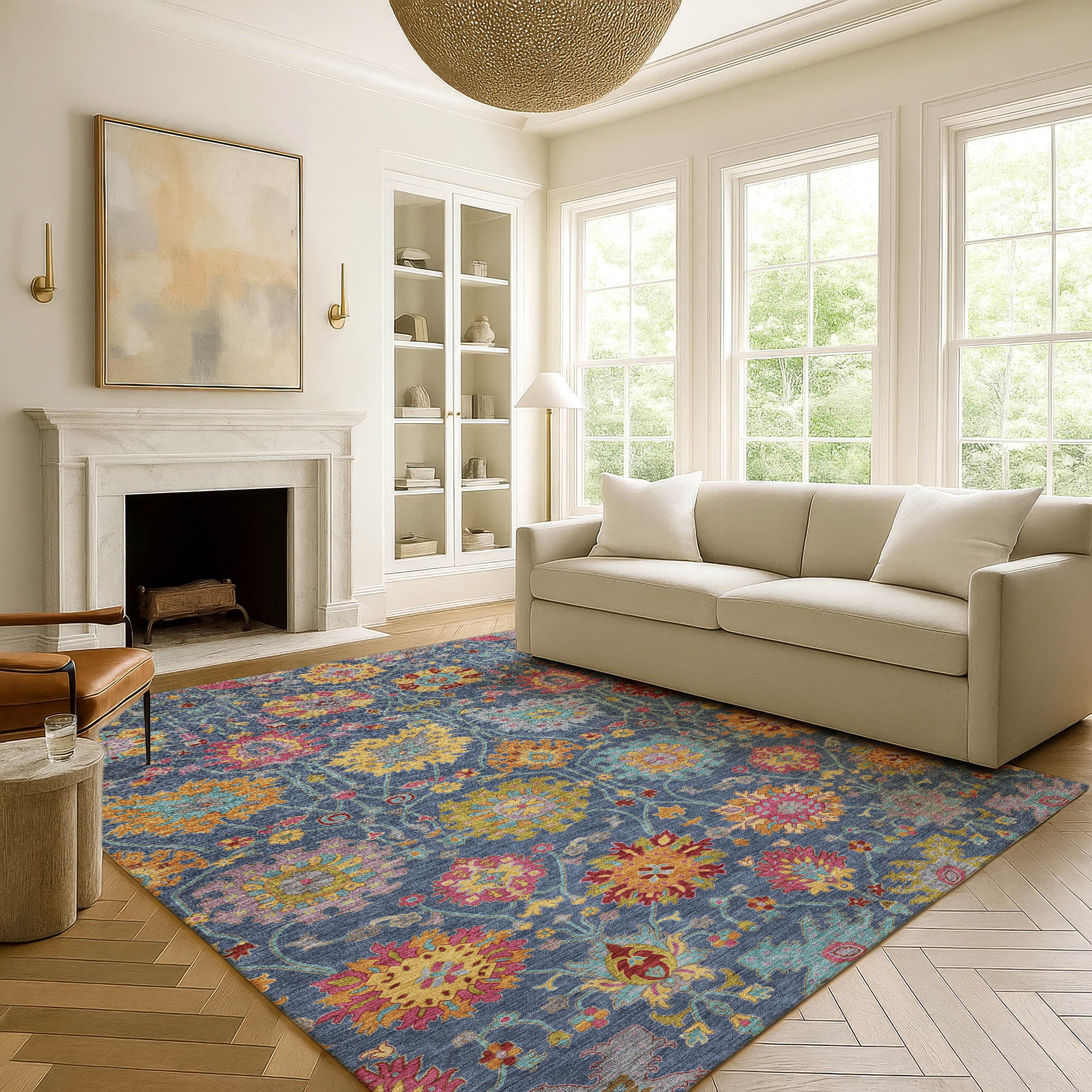 Antigua Machine Washable Transitional Navy Blue Rug 3' x 5' #shape_Rectangle