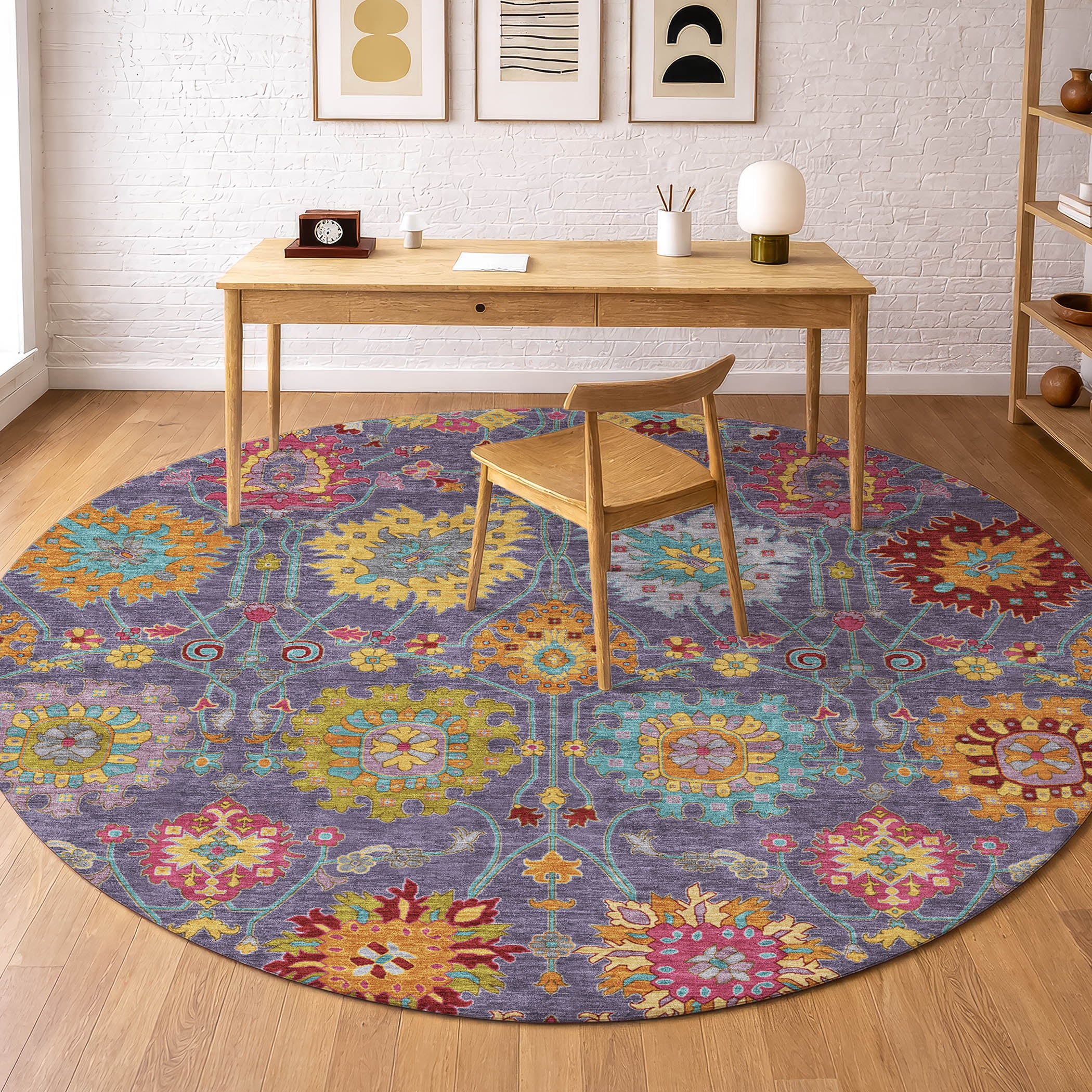 Antigua Machine Washable Transitional Purple Rug 8' x 8' #shape_Round