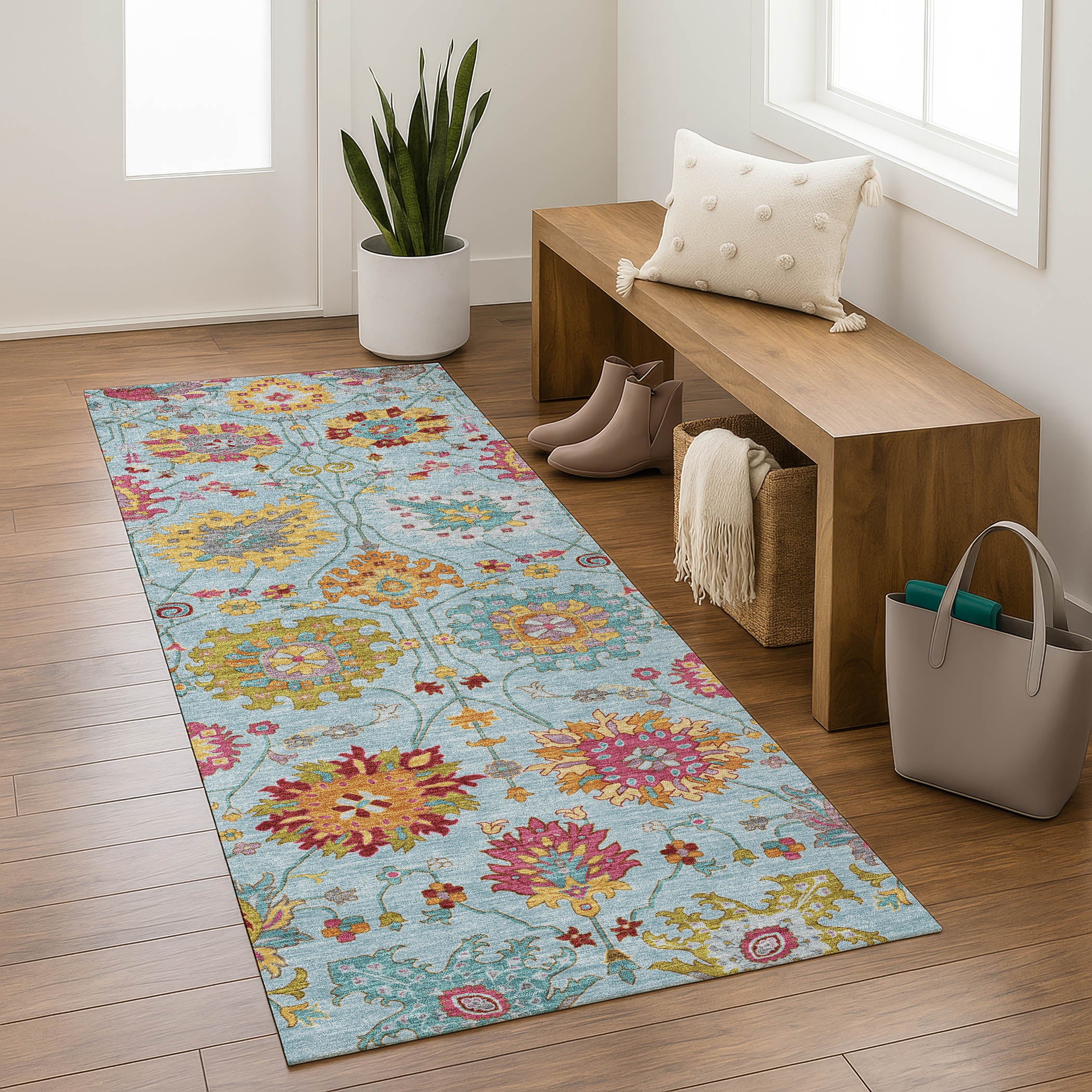Antigua Machine Washable Transitional Sky Blue Rug 2'3" x 7'6" #shape_Runner