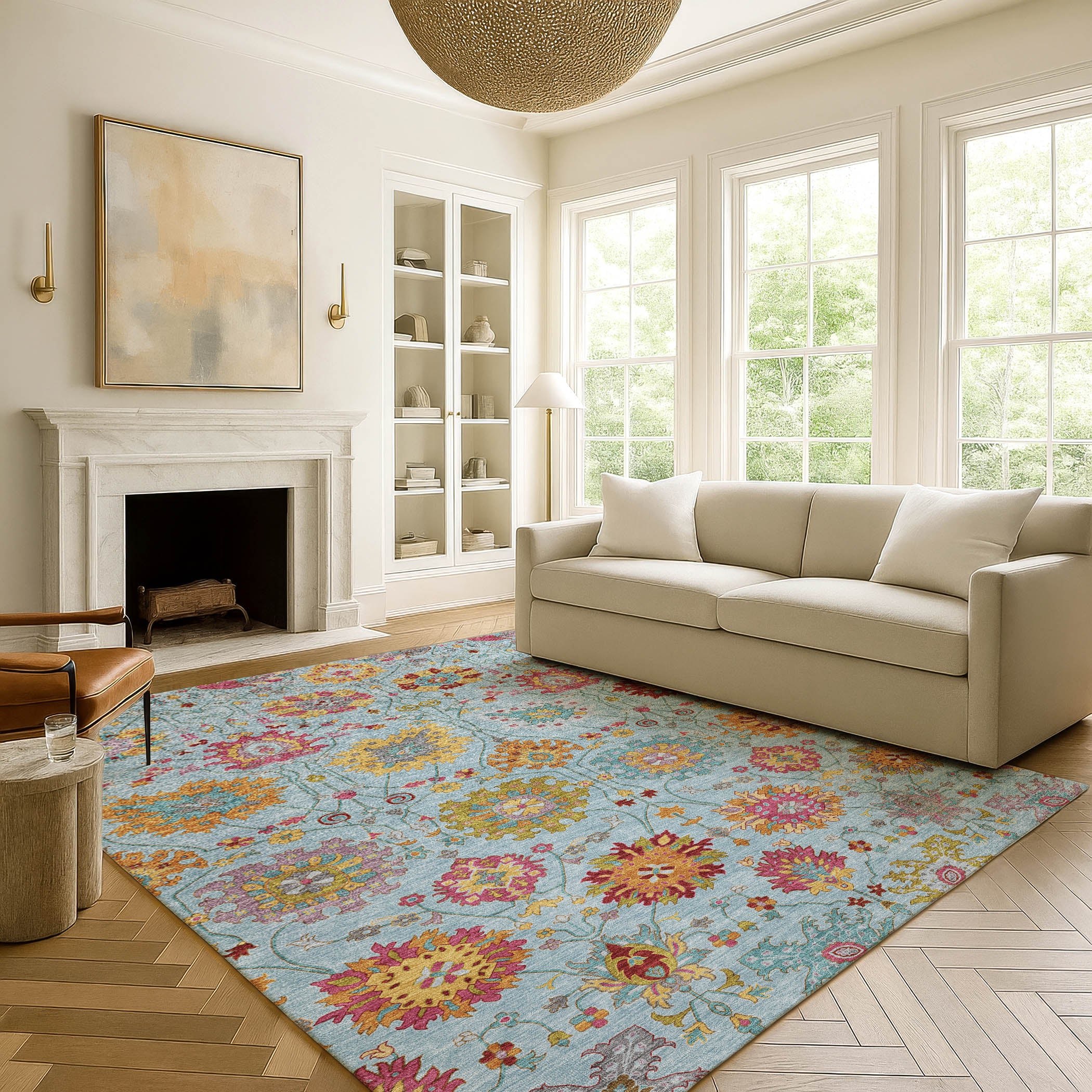 Antigua Machine Washable Transitional Sky Blue Rug 3' x 5' #shape_Rectangle