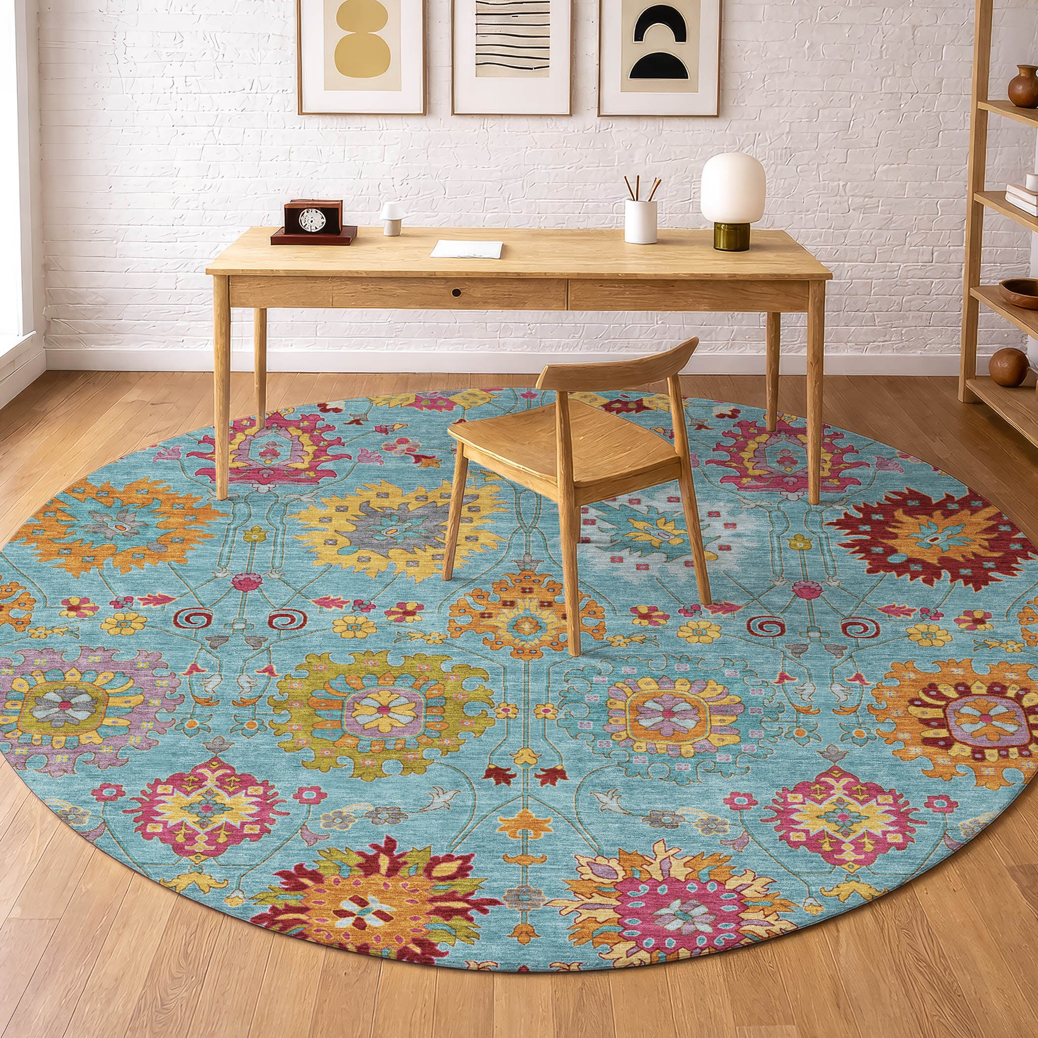 Antigua Machine Washable Transitional Teal Rug 8' x 8' #shape_Round