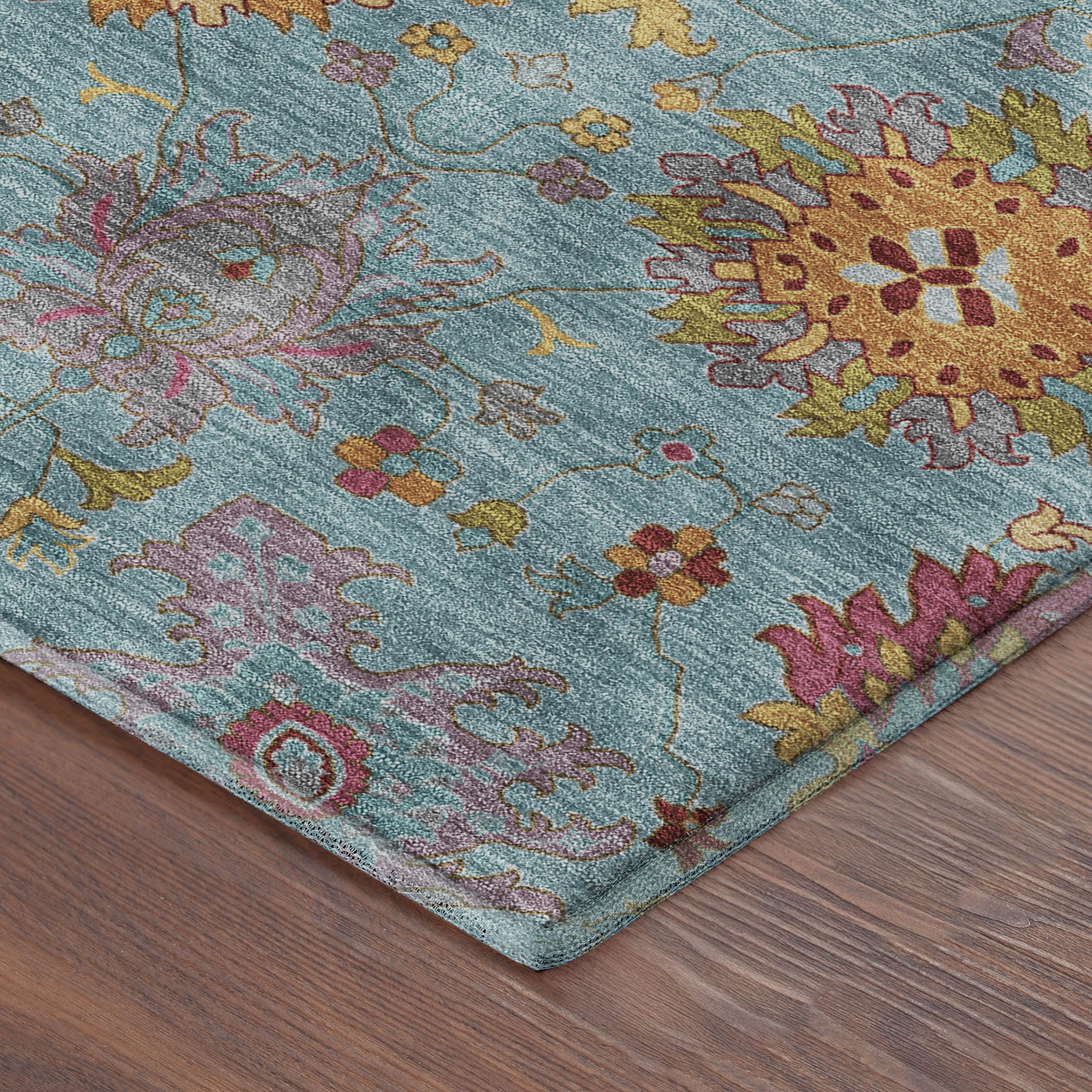 Antigua Machine Washable Transitional Teal Rug 1'8" x 2'6" #shape_Rectangle