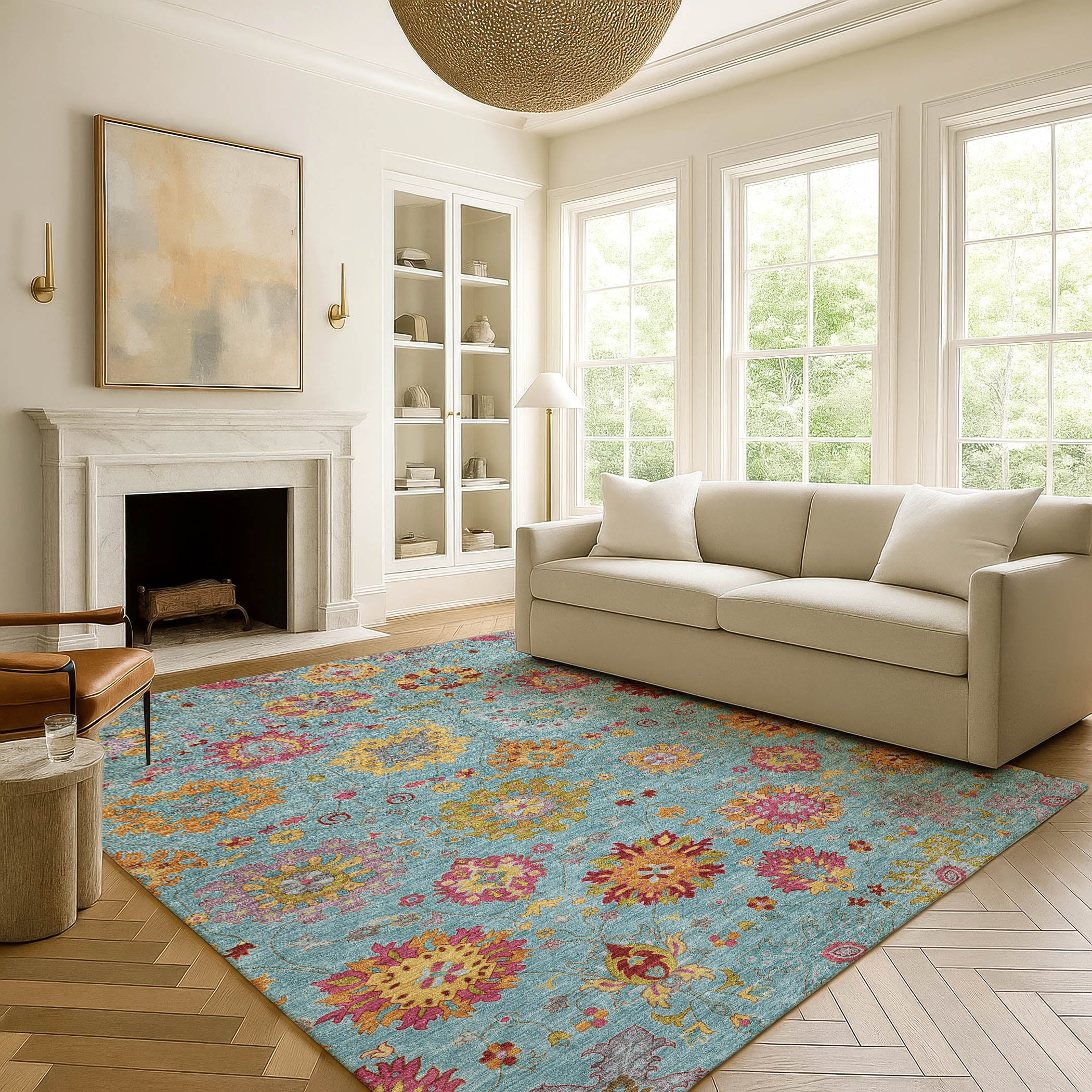 Antigua Machine Washable Transitional Teal Rug 3' x 5' #shape_Rectangle