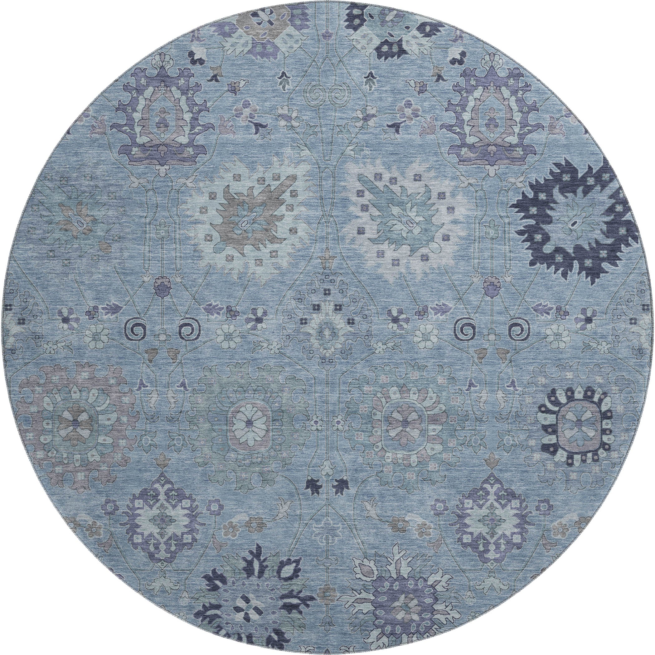 Queenstown Machine Washable Transitional Denim Blue Rug 8' x 8' #shape_Round