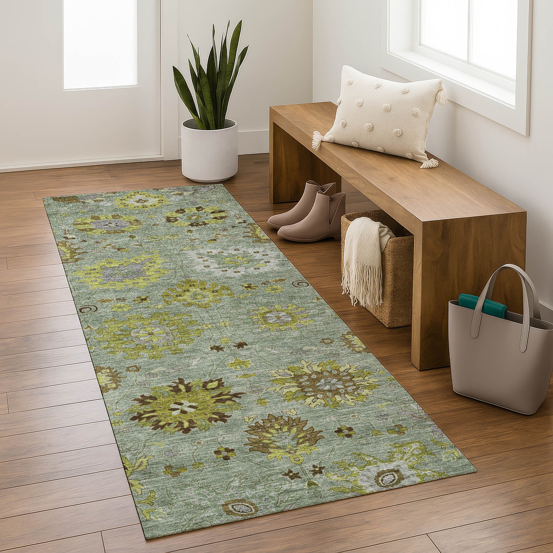 Queenstown Machine Washable Transitional Fern Green Rug 2'3" x 7'6" #shape_Runner