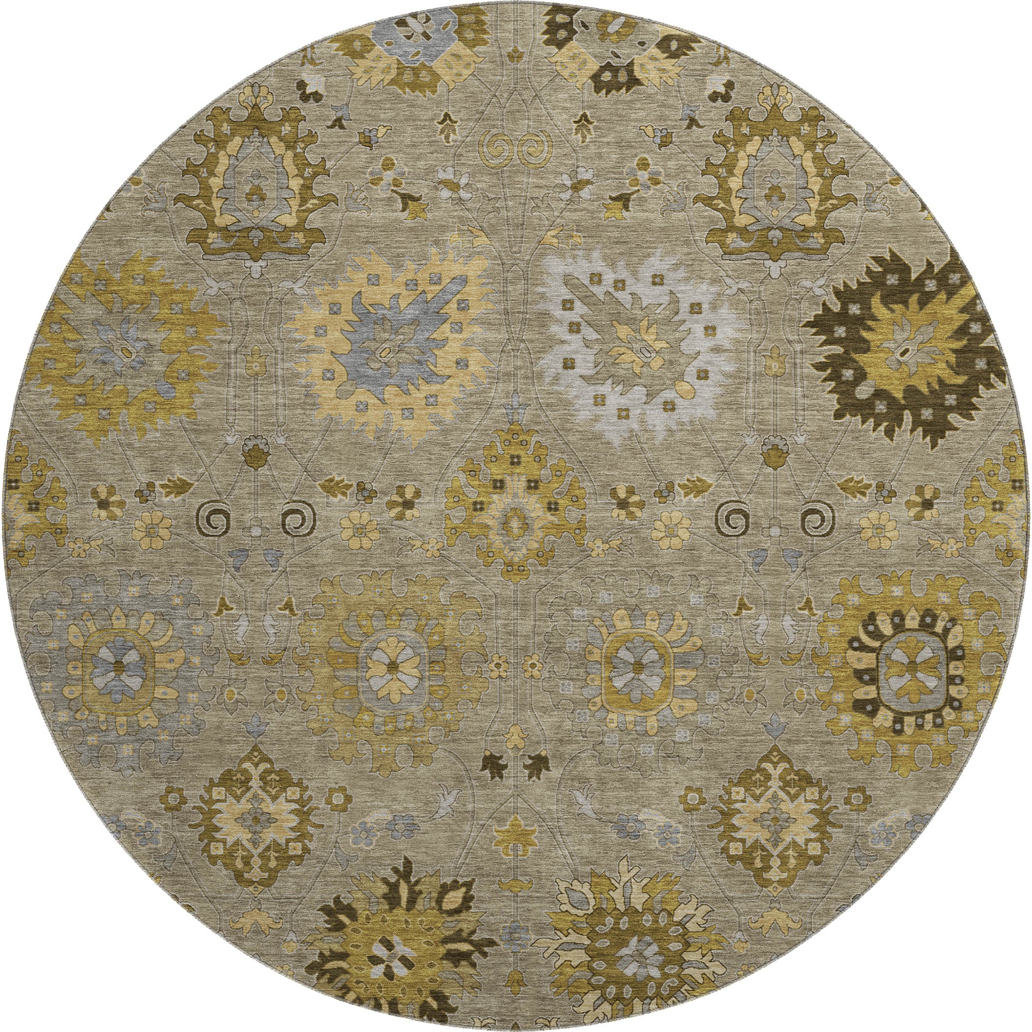 Queenstown Machine Washable Transitional Khaki Brown Rug 8' x 8' #shape_Round