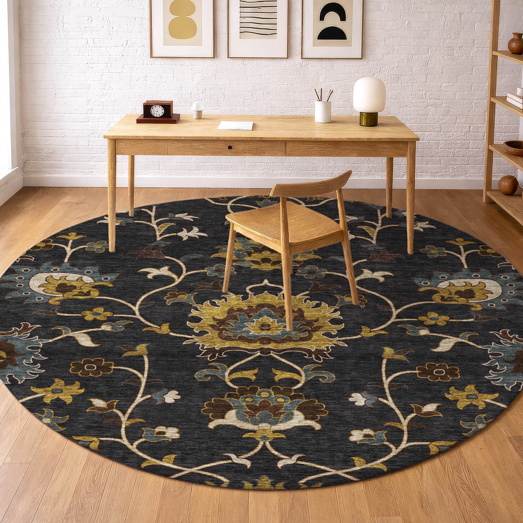 Bruges Machine Washable Traditional Black Rug 8' x 8' #shape_Round