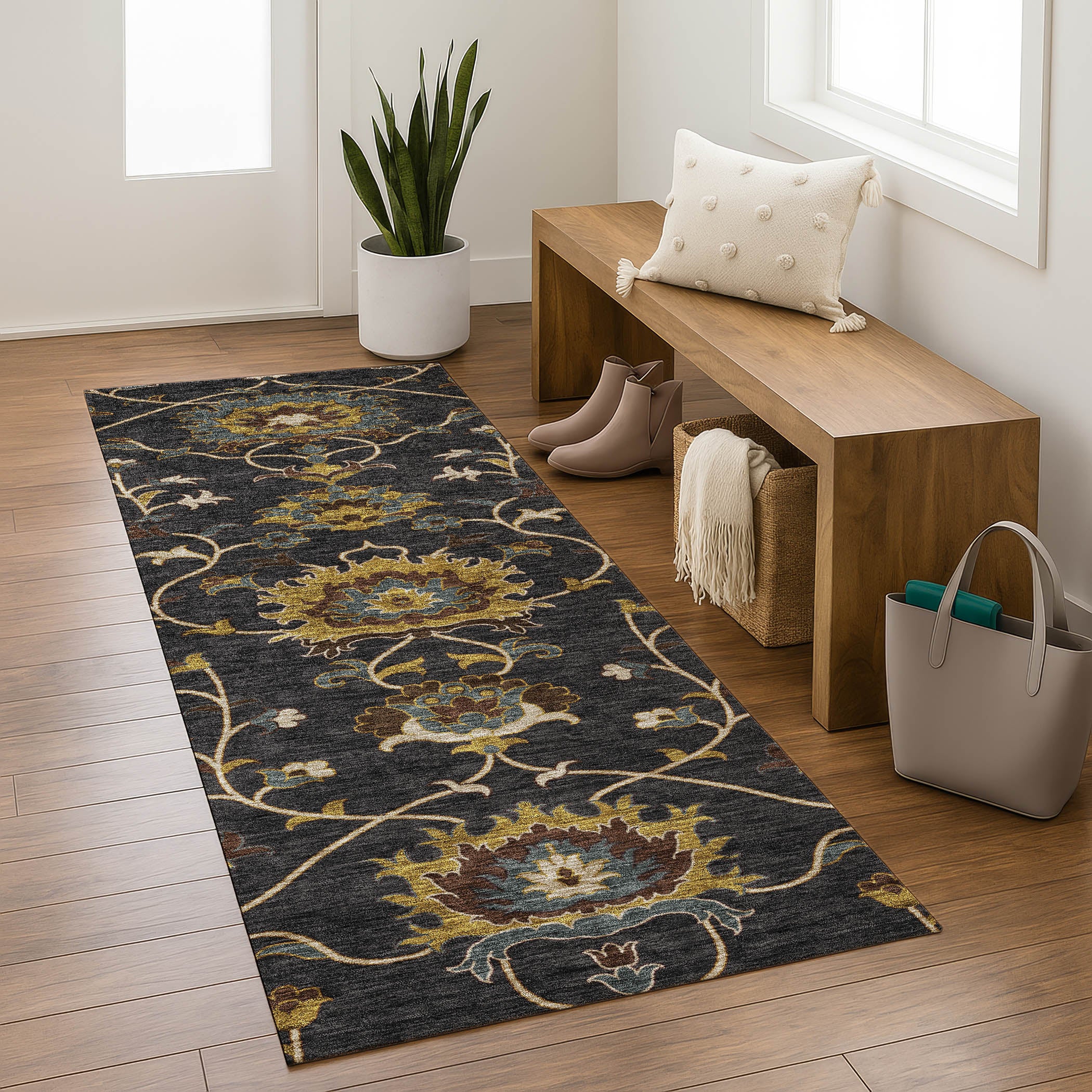 Bruges Machine Washable Traditional Black Rug 2'3" x 7'6" #shape_Runner