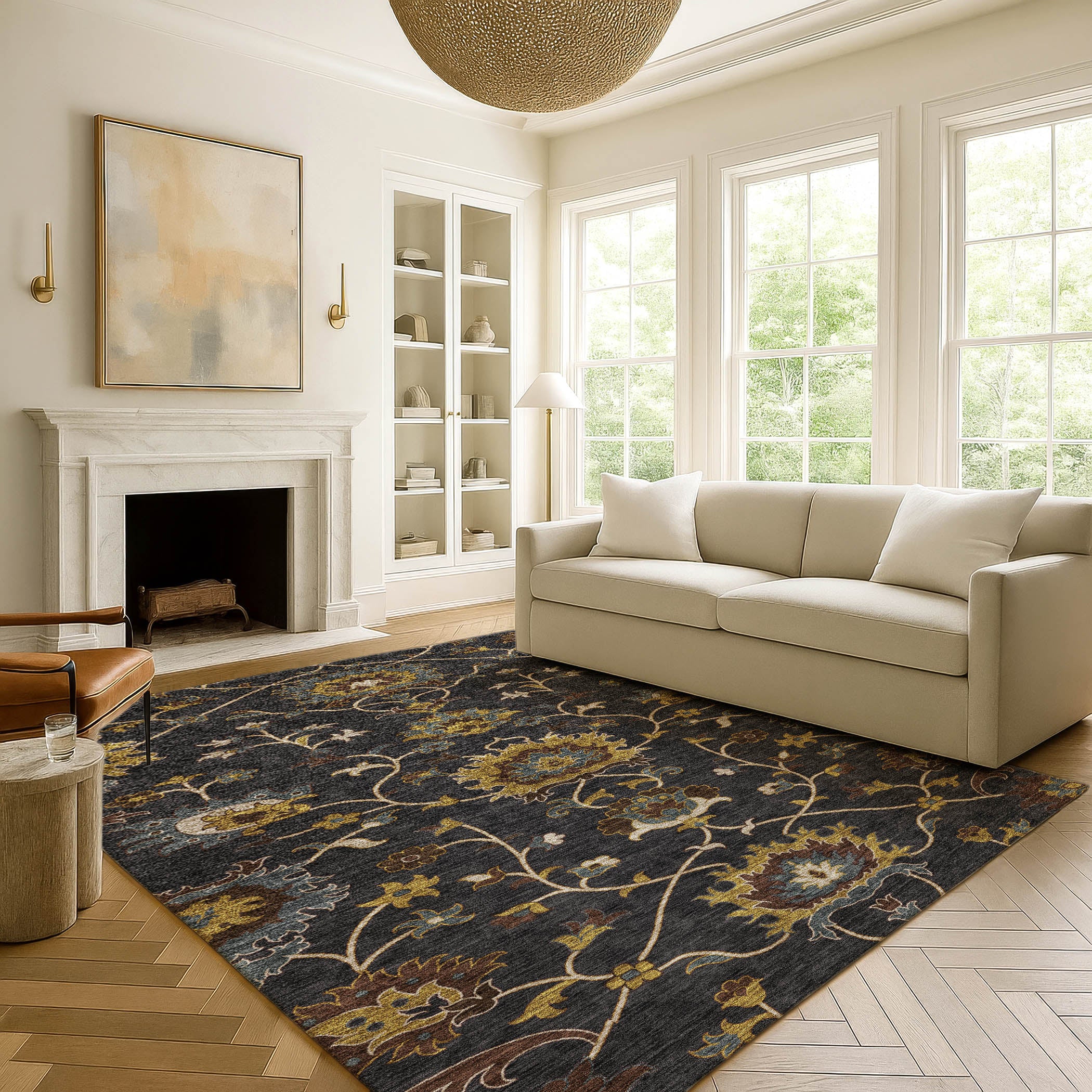 Bruges Machine Washable Traditional Black Rug 3' x 5' #shape_Rectangle