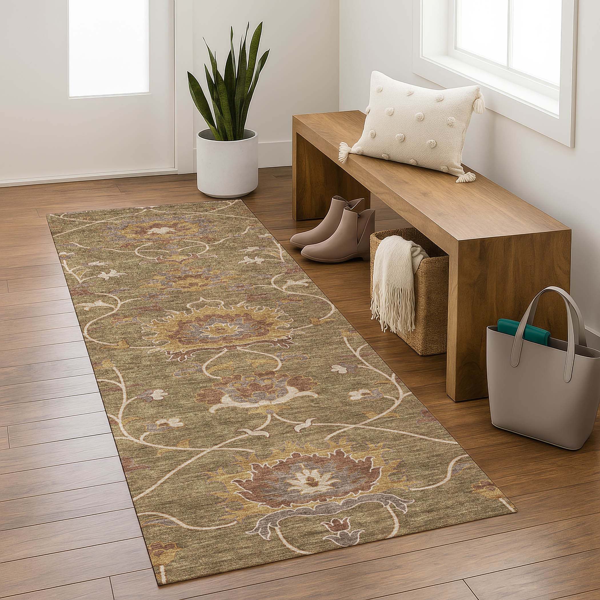 Bruges Machine Washable Traditional Brown Rug 2'3" x 7'6" #shape_Runner
