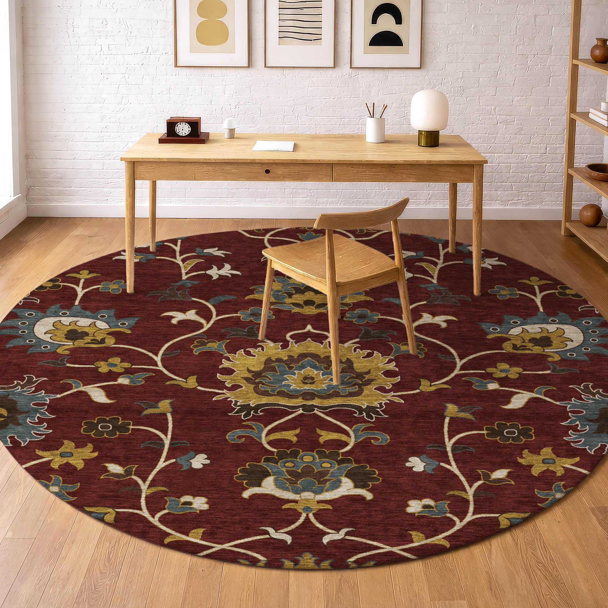 Bruges Machine Washable Traditional Burgundy Red Rug 8' x 8' #shape_Round