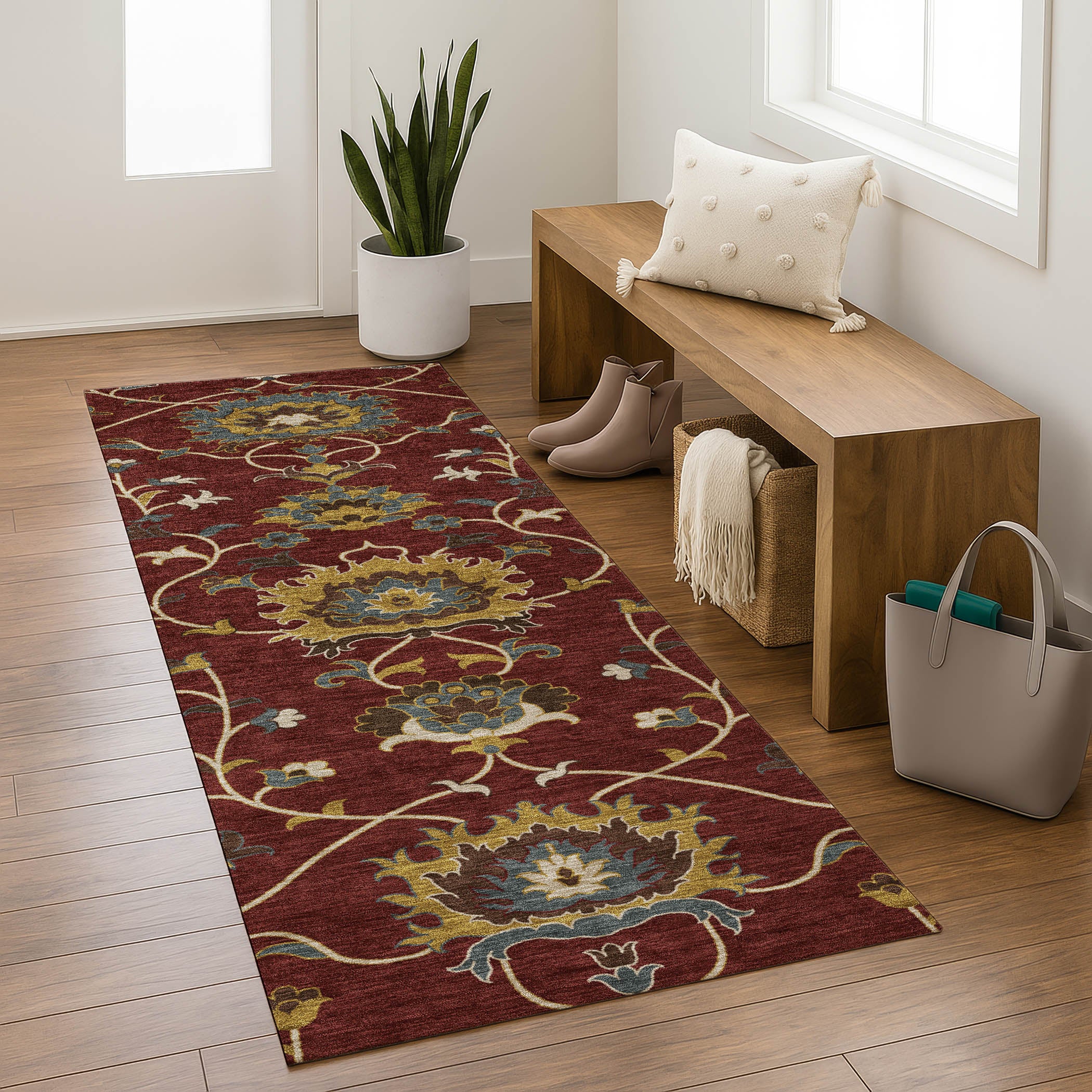 Bruges Machine Washable Traditional Burgundy Red Rug 2'3" x 7'6" #shape_Runner