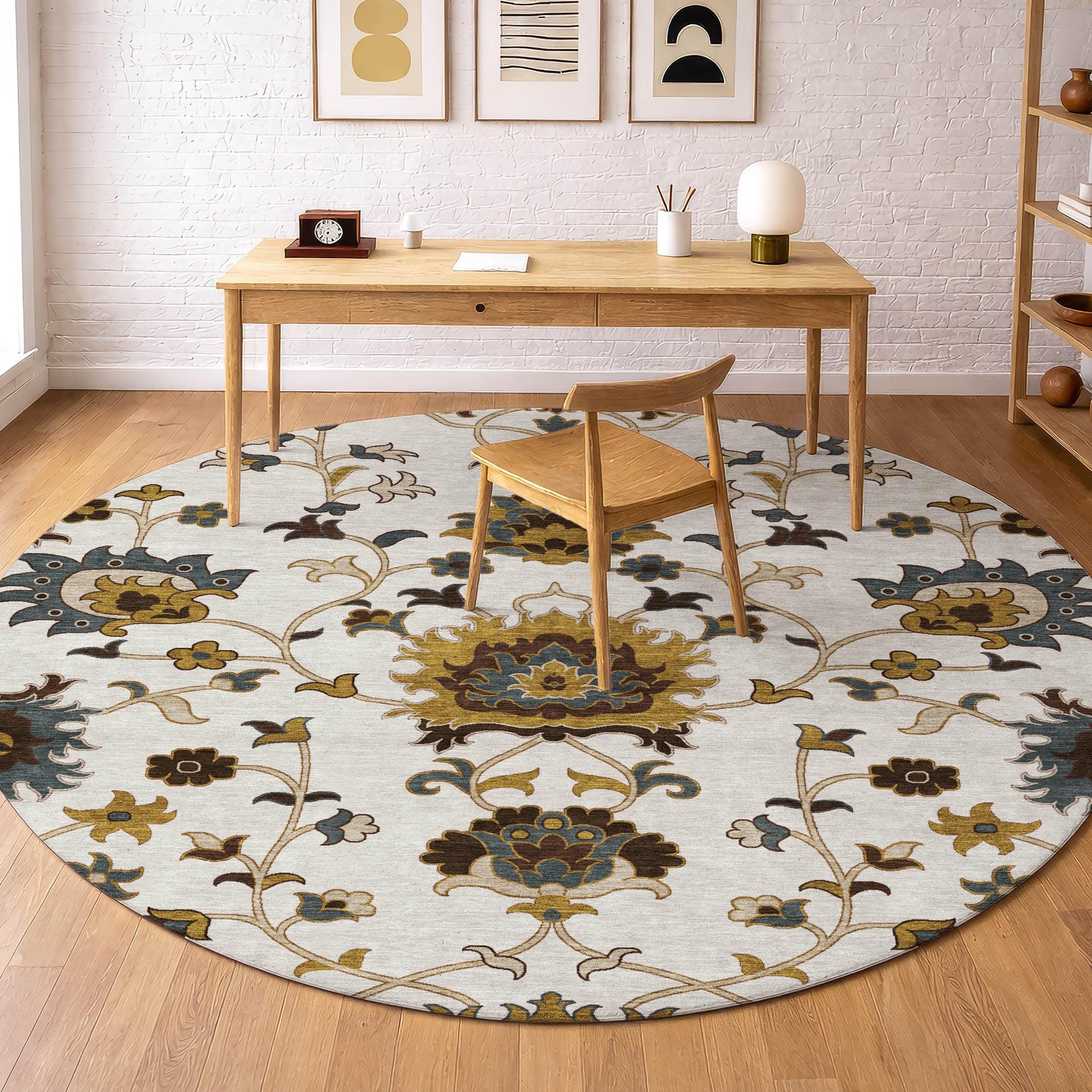 Bruges Machine Washable Traditional Ivory Rug 8' x 8' #shape_Round