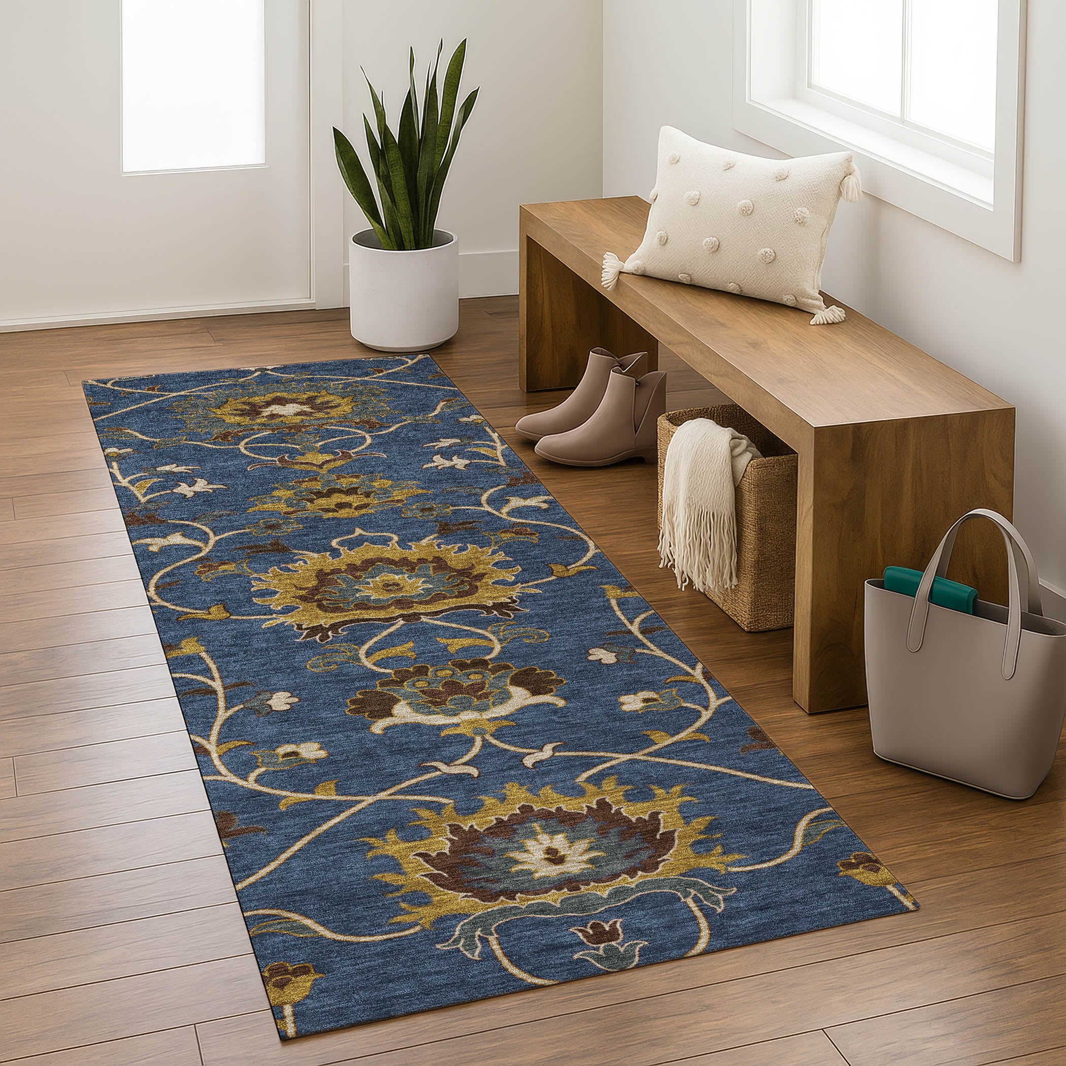 Bruges Machine Washable Traditional Navy Blue Rug 2'3" x 7'6" #shape_Runner