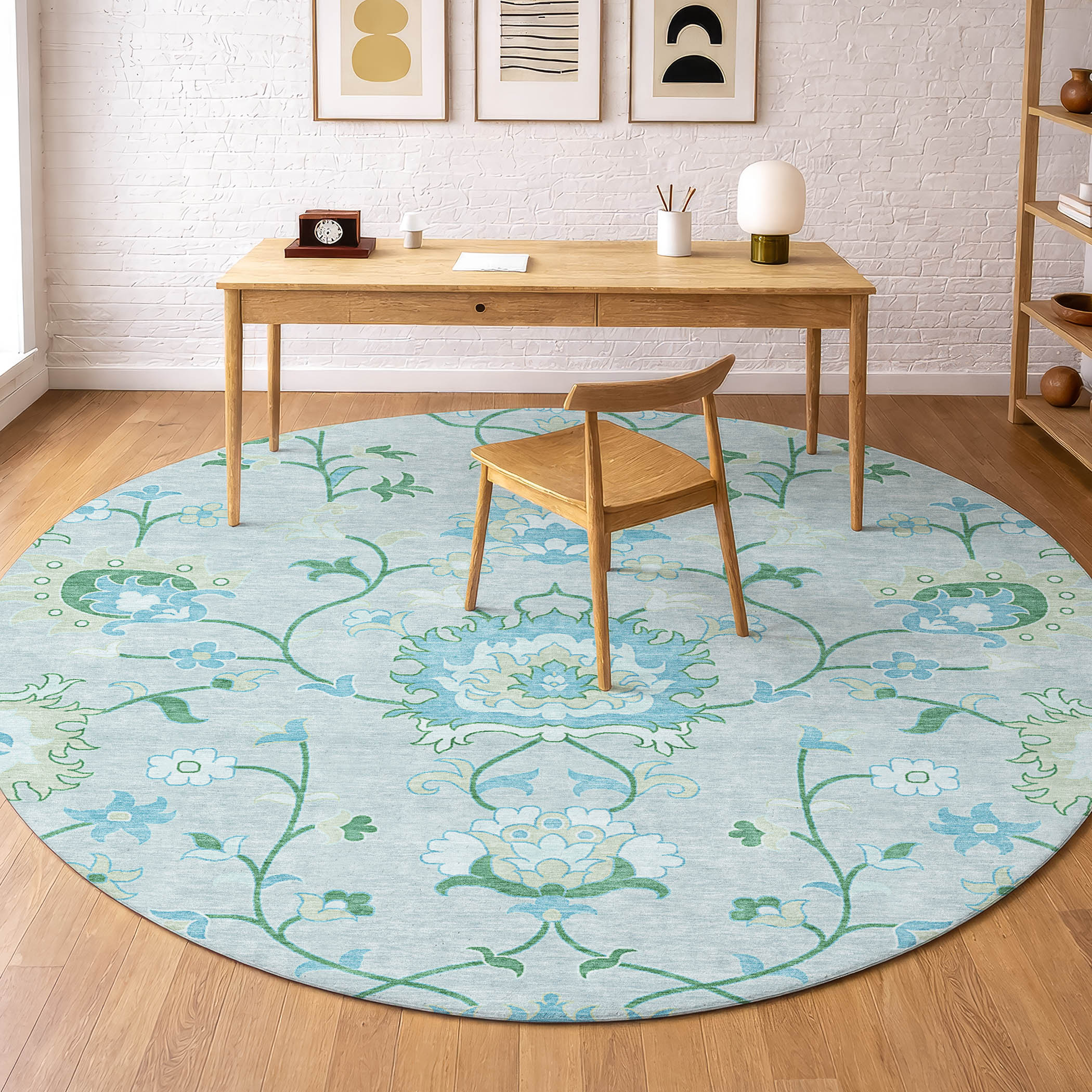 Cusco Machine Washable Traditional Mint Green Rug 8' x 8' #shape_Round