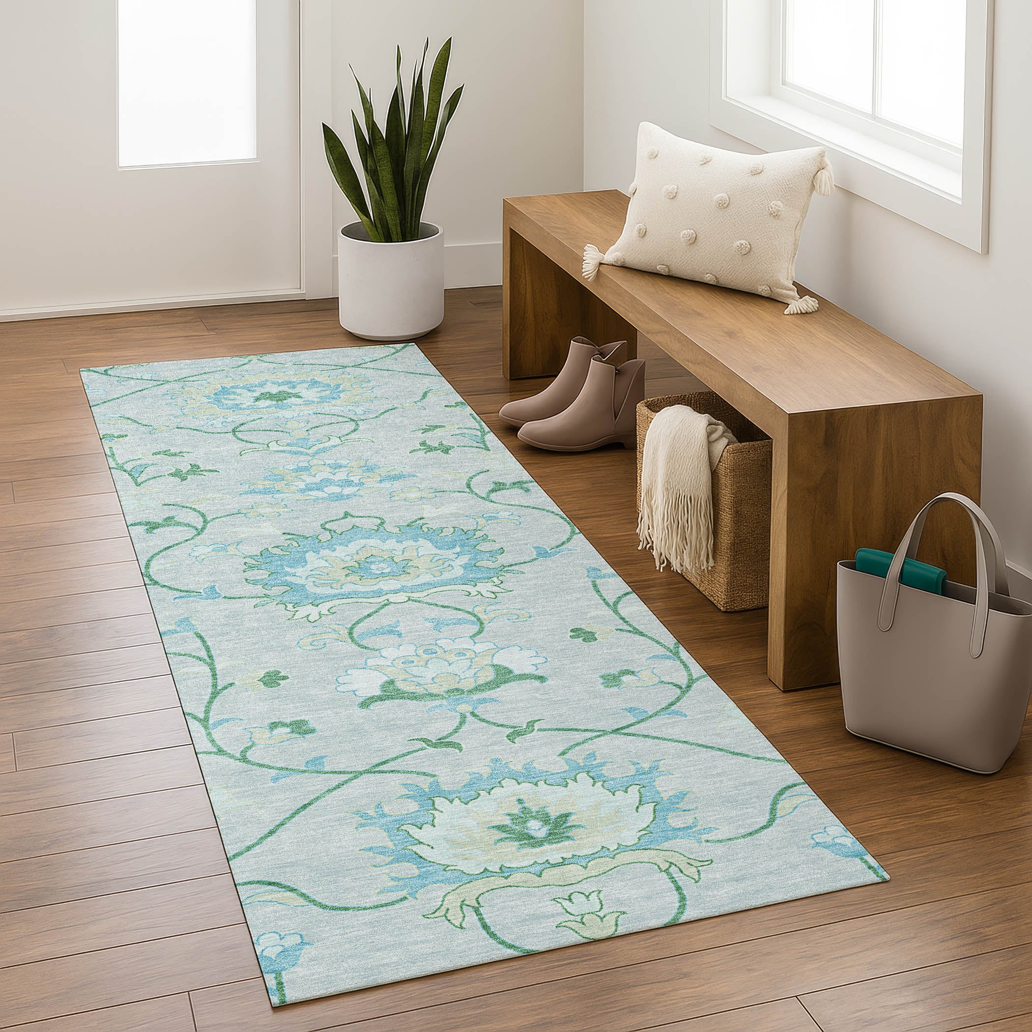 Cusco Machine Washable Traditional Mint Green Rug 2'3" x 7'6" #shape_Runner