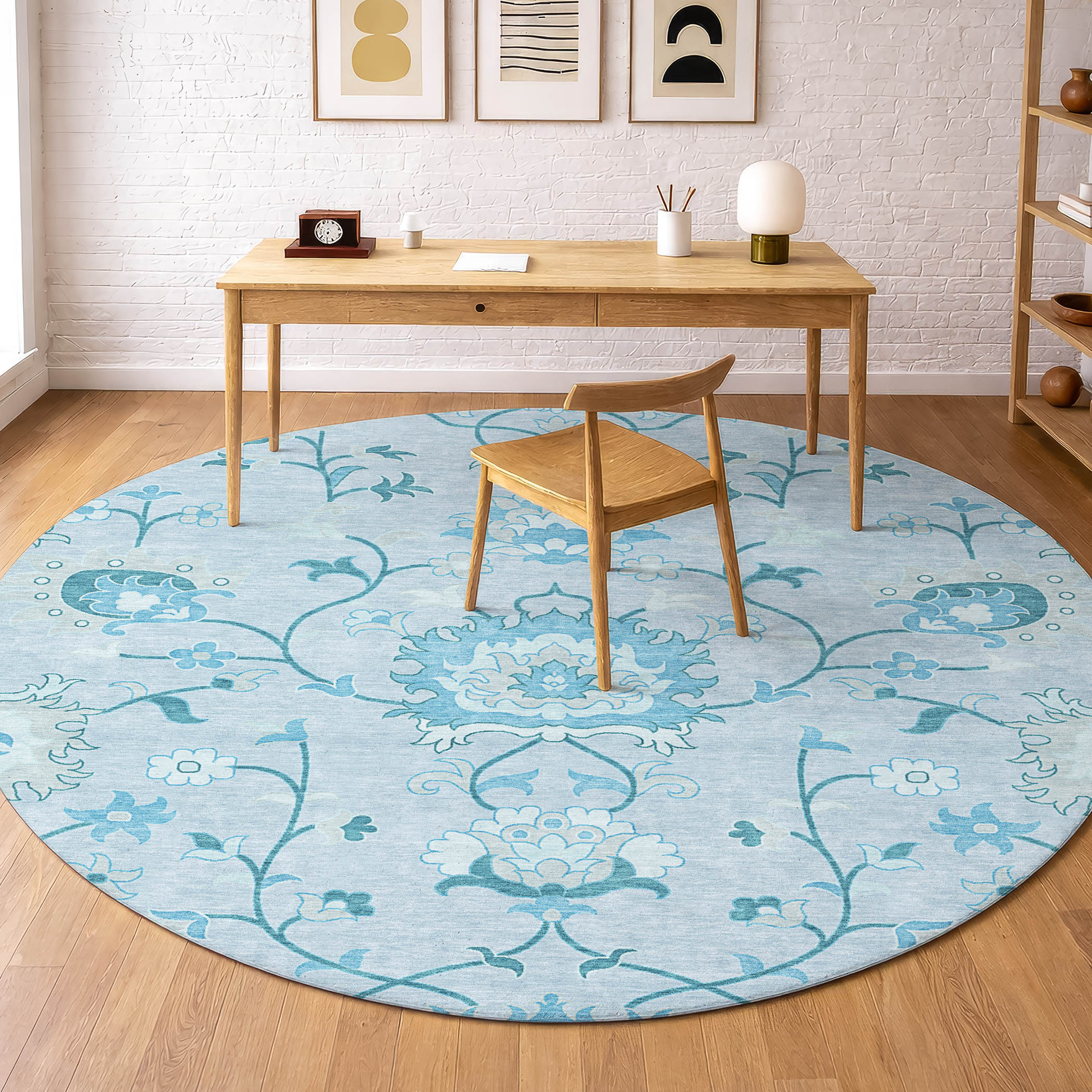 Cusco Machine Washable Traditional Sky Blue Rug 8' x 8' #shape_Round