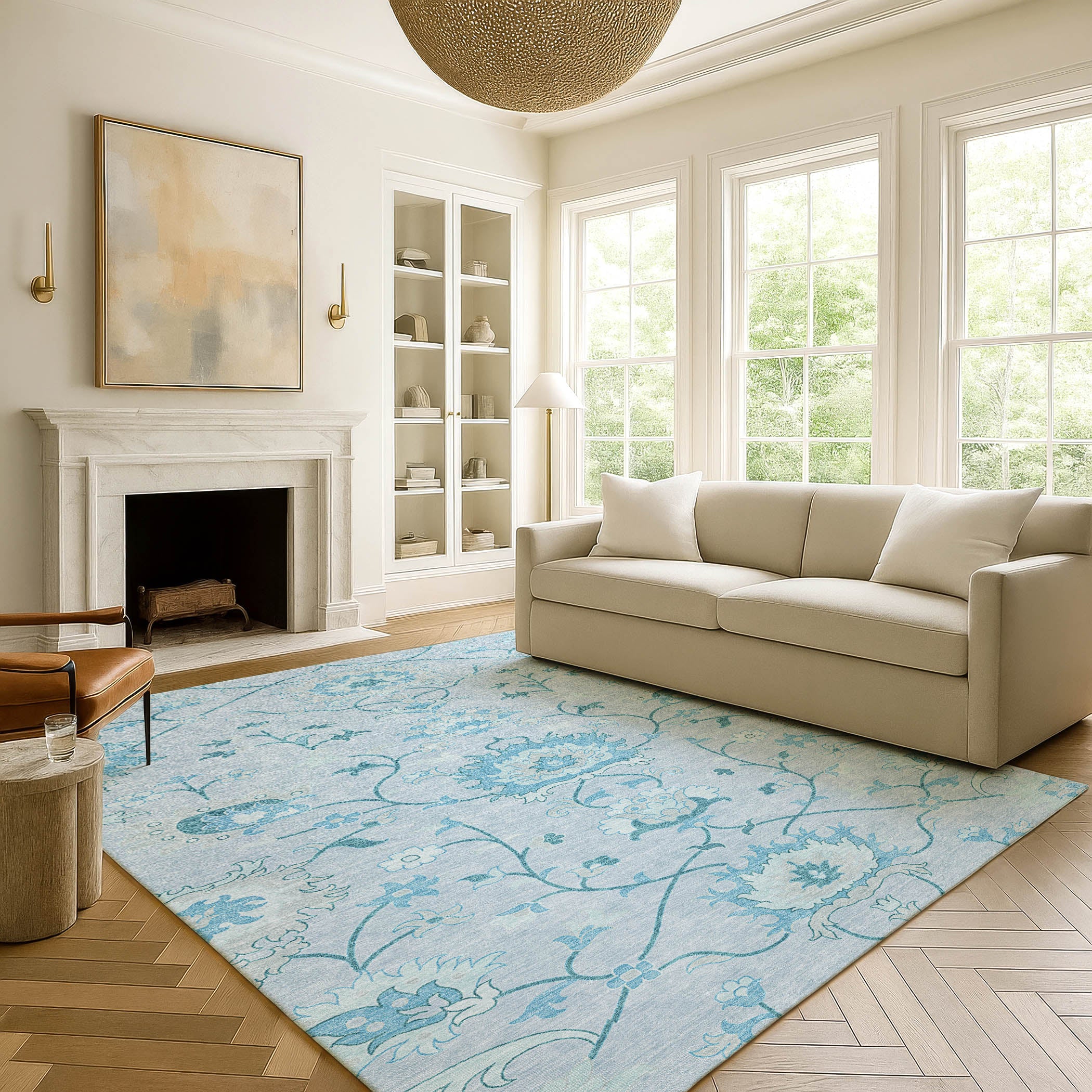 Cusco Machine Washable Traditional Sky Blue Rug 3' x 5' #shape_Rectangle